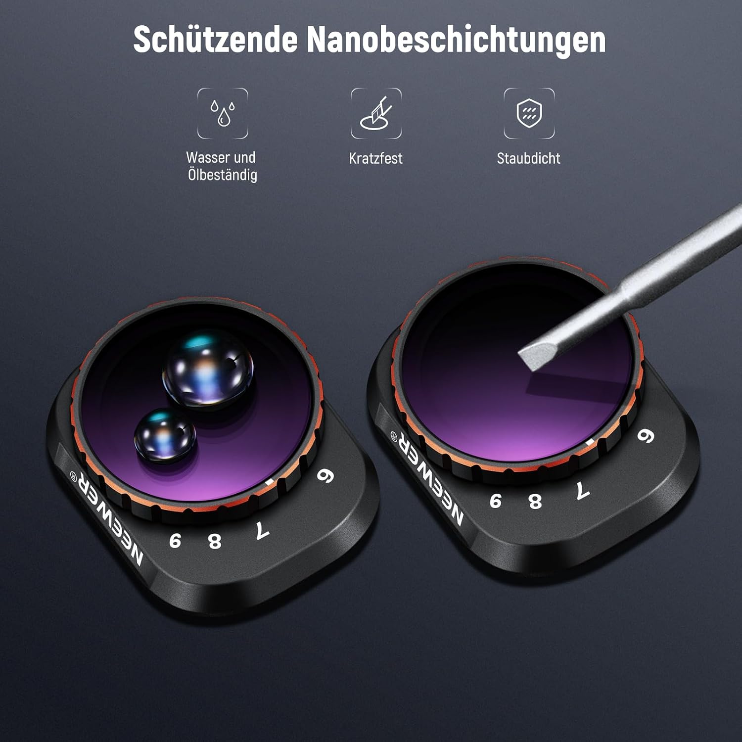 Thumbnail 6 de NEEWER Variabler ND Filter für DJI Mini 4 Pro – ND64-512, 6–9 Stops, HD-Glas, Snap-On