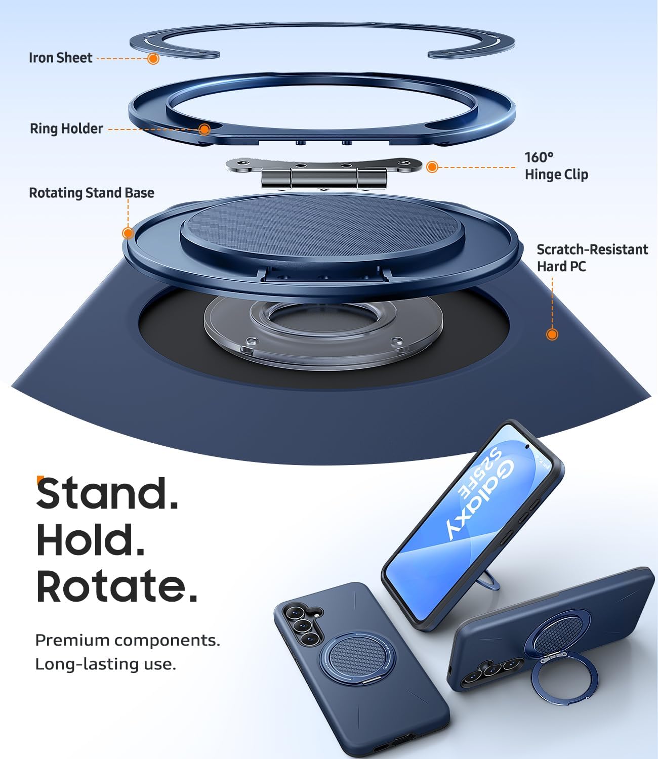 Thumbnail 5 de JAME for Samsung Galaxy S25 FE Case with 360° Ring Stand + Screen Protectors (2-Pack), Dual-Layer Shockproof Cover, Blue