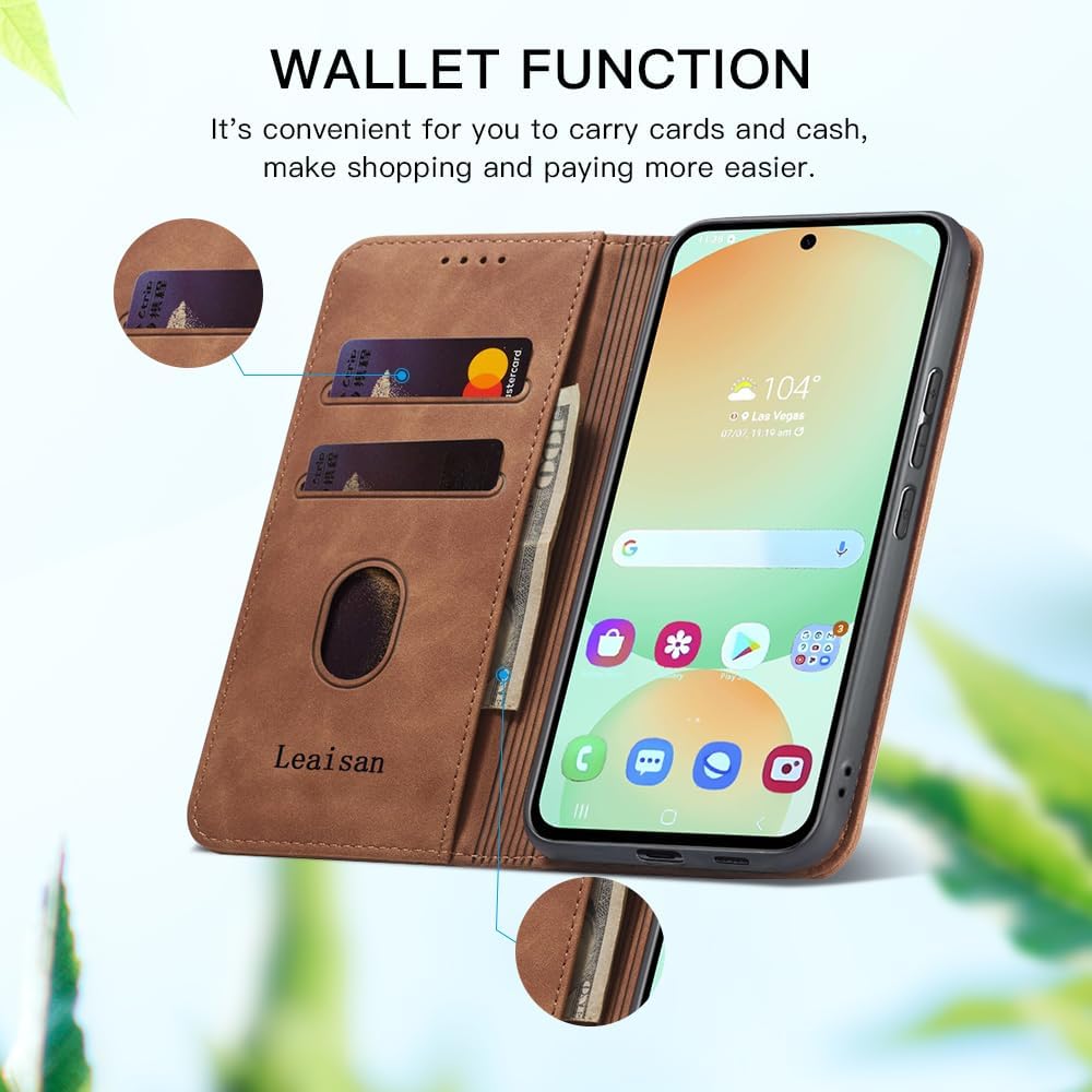 Detalle de Leaisan Leder-Flip-Hülle für Samsung Galaxy S24 FE 5G – Braun mit Kartenfächern, Standfunktion und Stossfestem Schutz