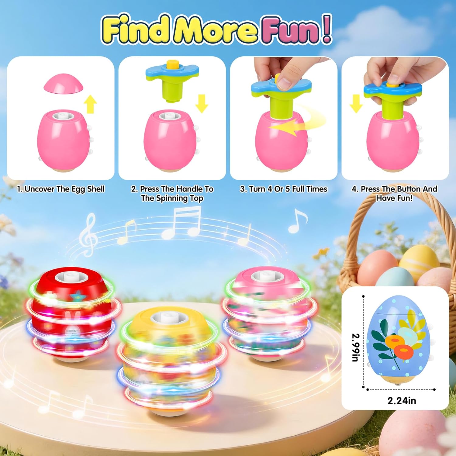 Detalle 2 de Joozmui 5 pcs Light-Up Spinning Top Easter Eggs set with lights, music and DIY colouring