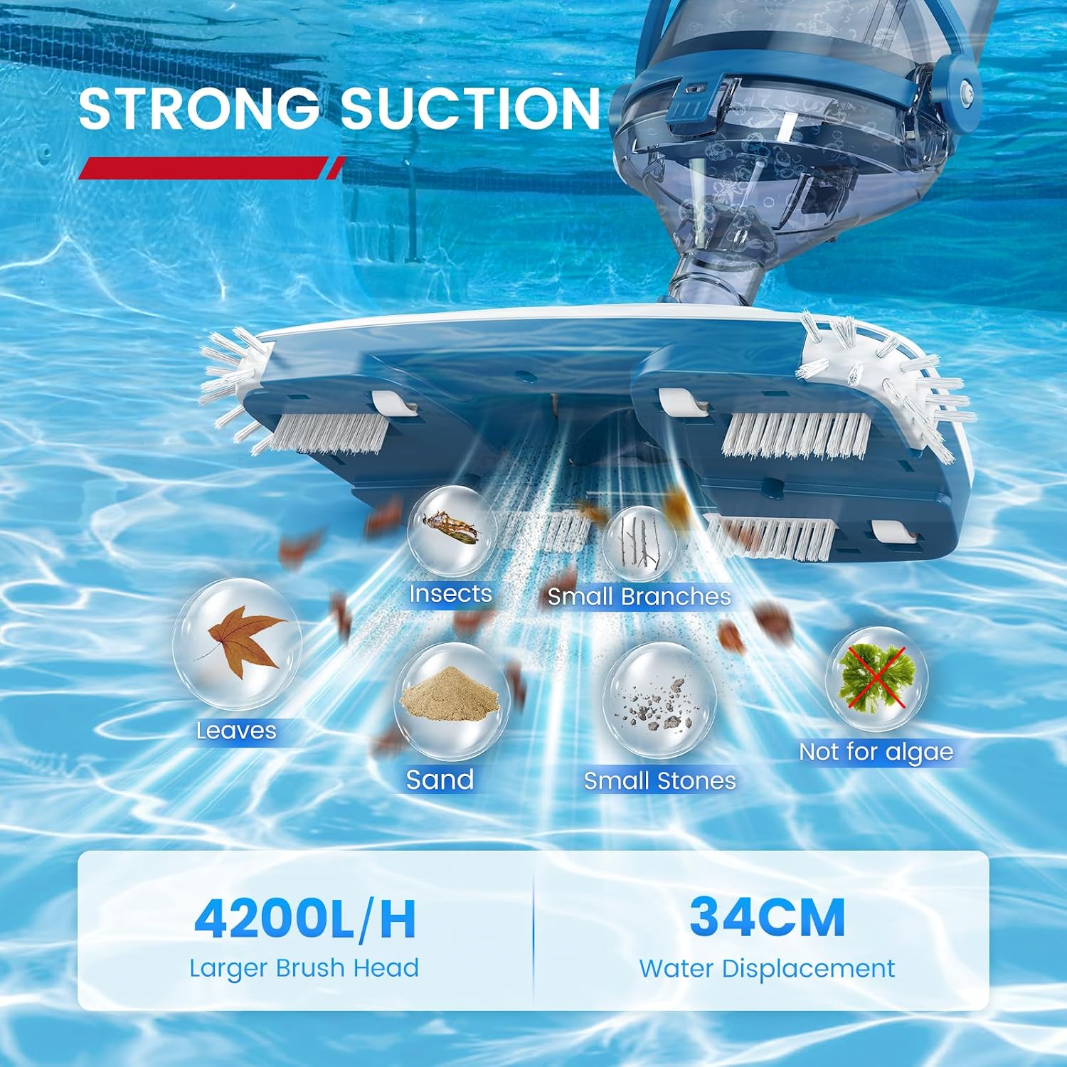 Thumbnail 1 de ENHULK Poolsauger Akku 2025 – 34 cm Kopf, bis zu 60 Min., 4200 L/H, Teleskopstange