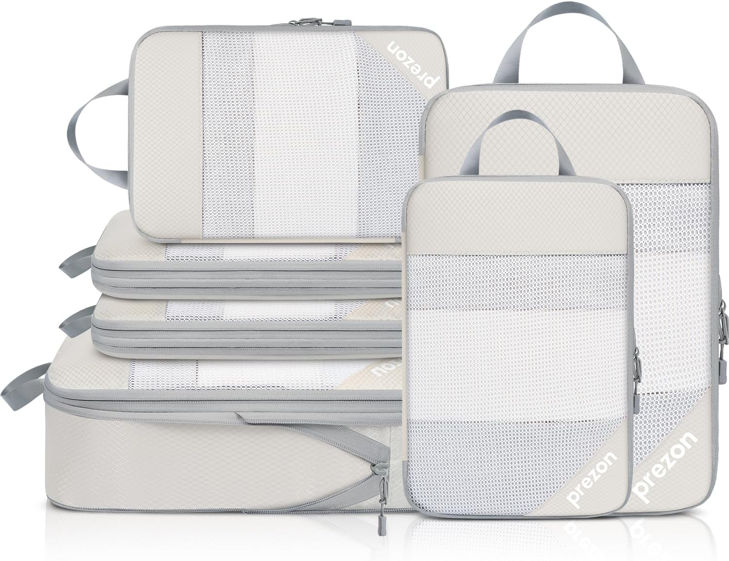 Detalle de Prezon 6er Set Kompressions-Packwürfel (transparentes Design) – beige, platzsparender Gepäck-Organizer