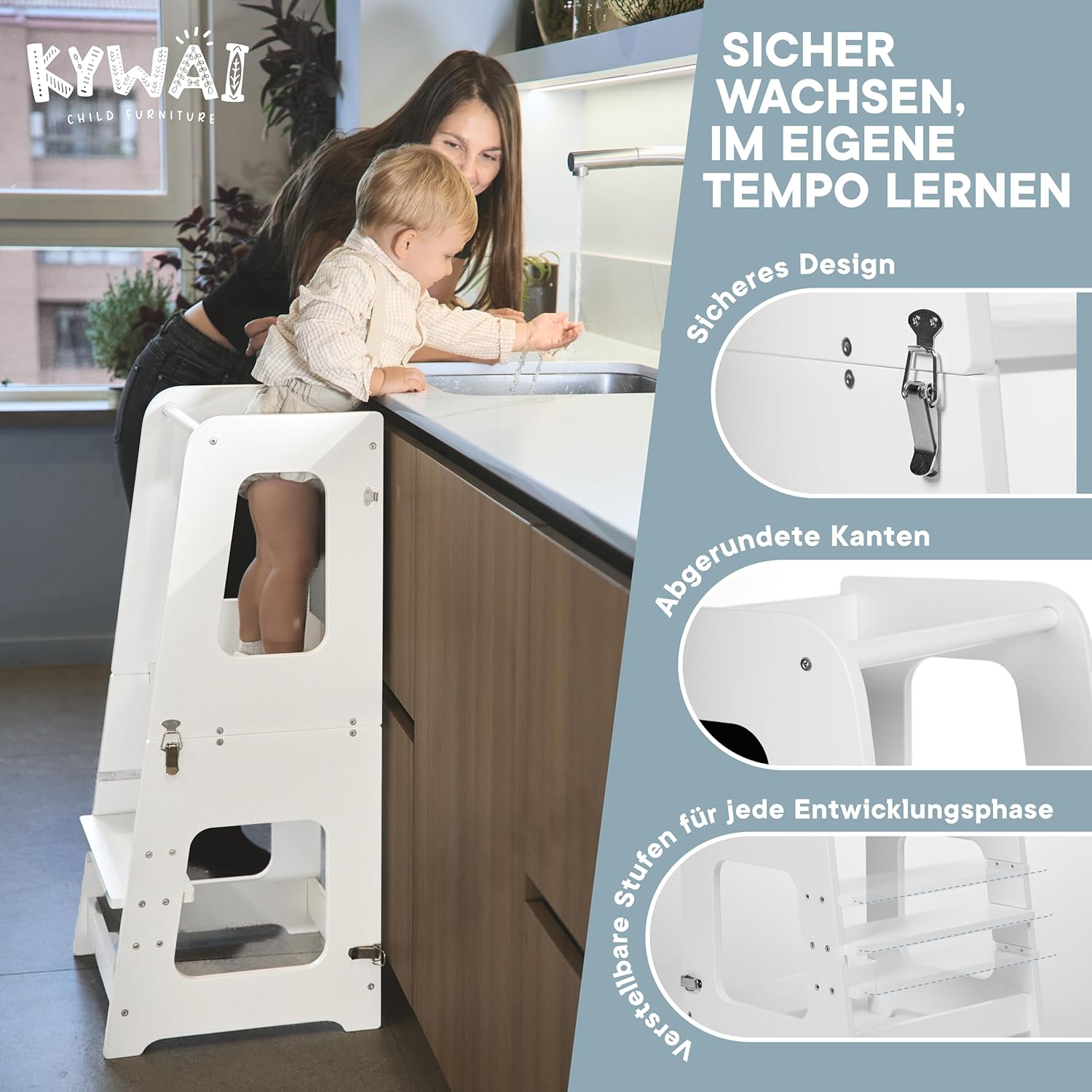 Thumbnail 1 de KYWAI Montessori Lernturm ab 1 Jahr – 2-in-1 klappbar, Tisch- und Lernturm aus Massivholz