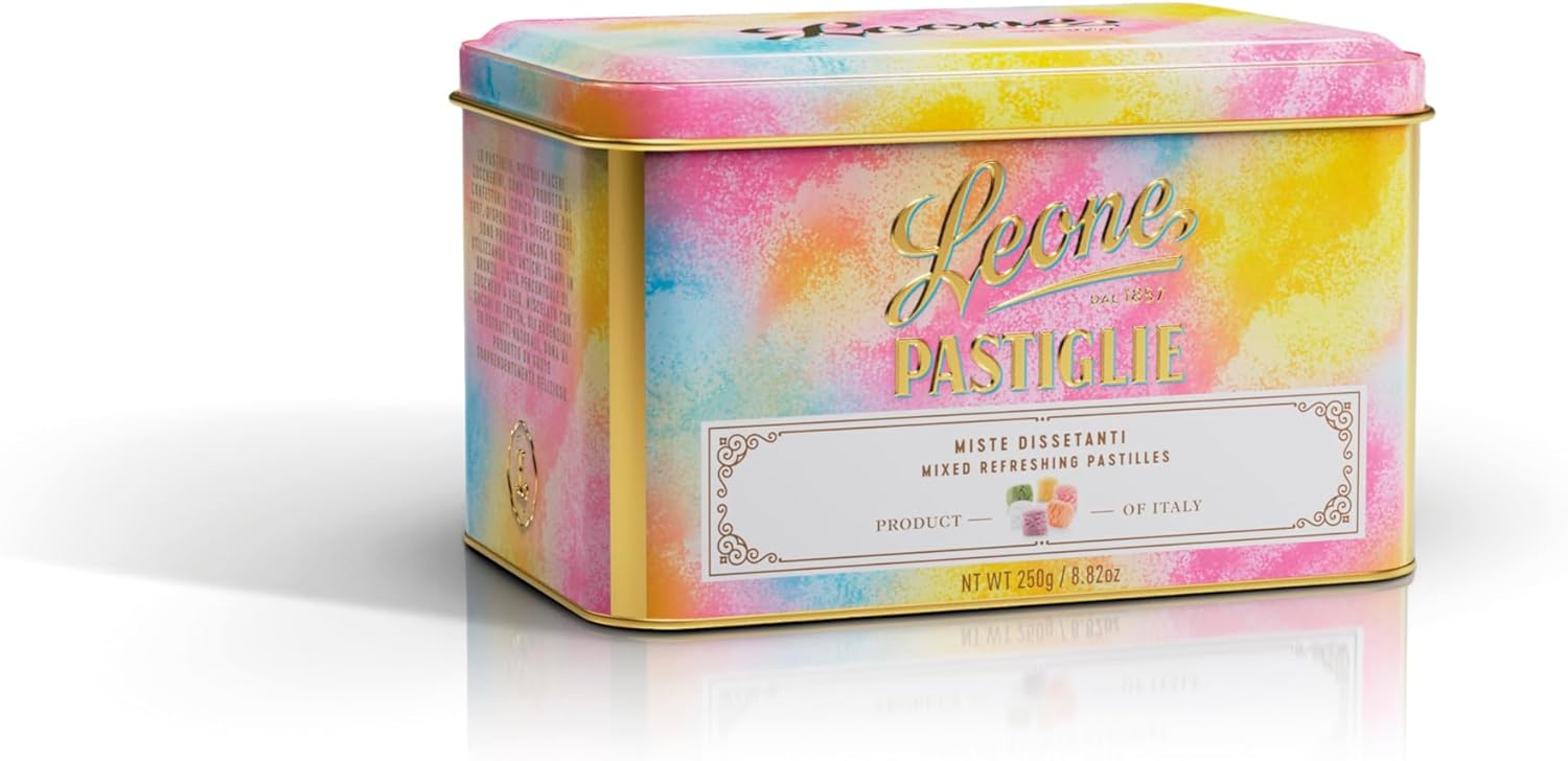 Detalle 1 de Leone dal 1857 Latta Pastiglie Leomne Miste Dissetanti 800 g: vegane e senza glutine, gusto tradizionale