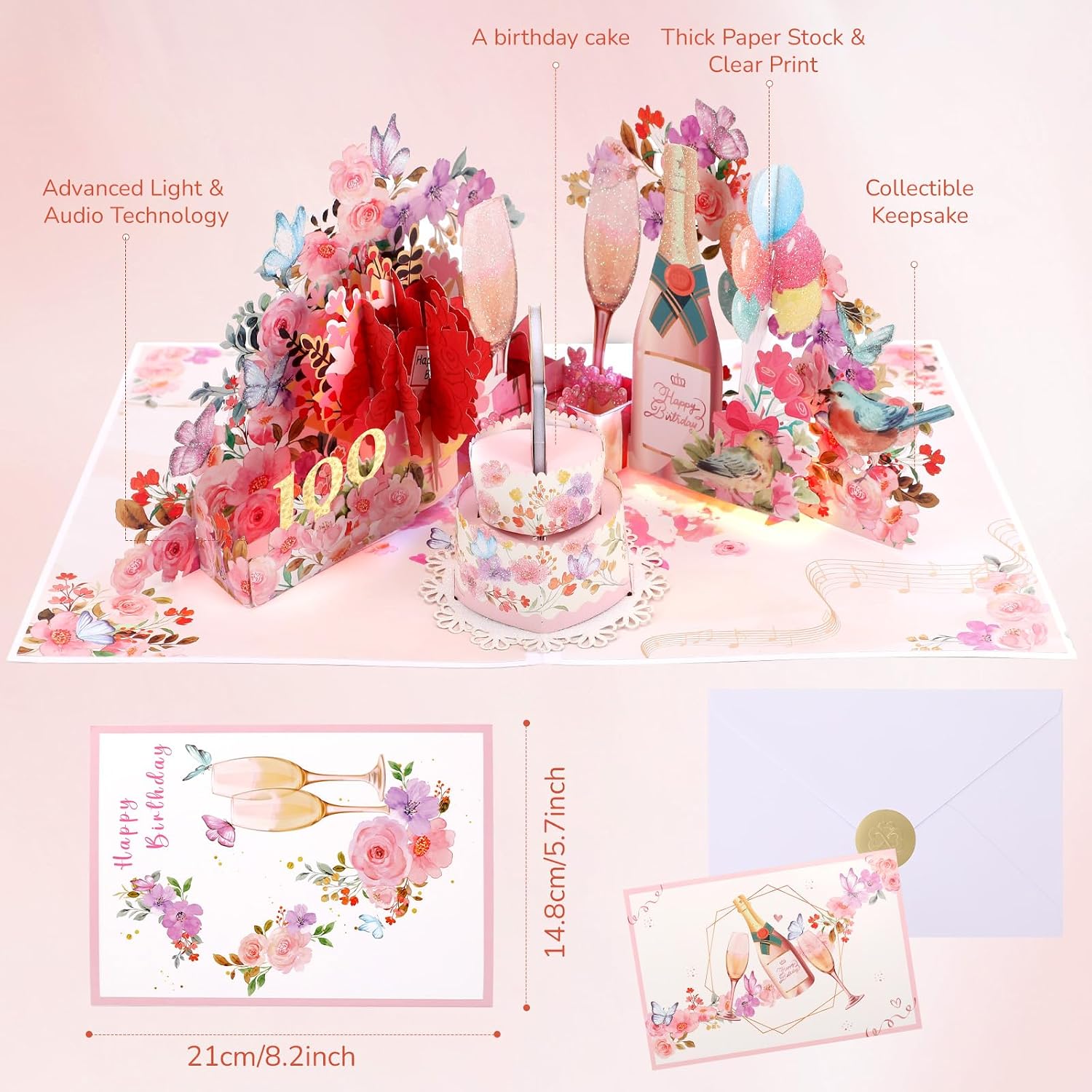 Detalle 2 de Birthday Card, Musical Champagne Pop-Up Card with Blowable Candle & Lights (for Women & Girls, All Ages)