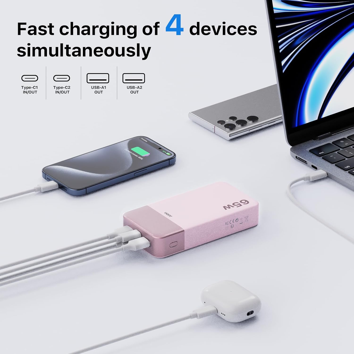 Detalle 2 de JUOVI Power Bank 65W da 20.000 mAh con ricarica rapida per laptop e dispositivi USB-C (rosa)