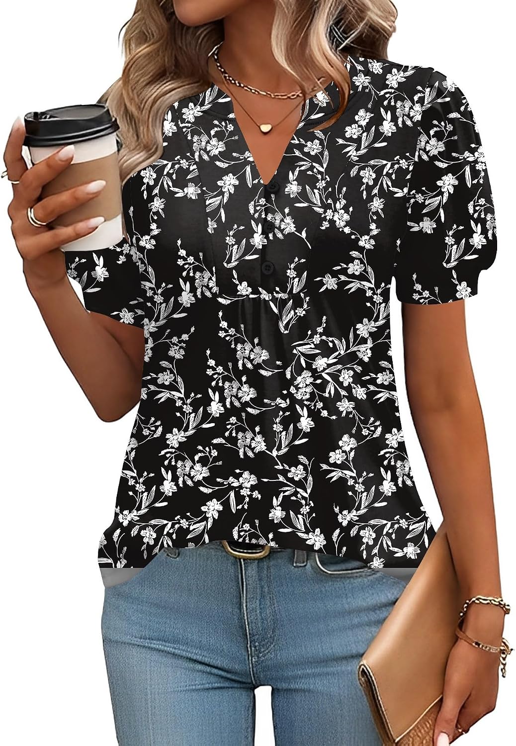 Thumbnail 6 de IECCP Womens Puff Short Sleeve Henley V-Neck Tunic Top (Loose Fit Pleated)
