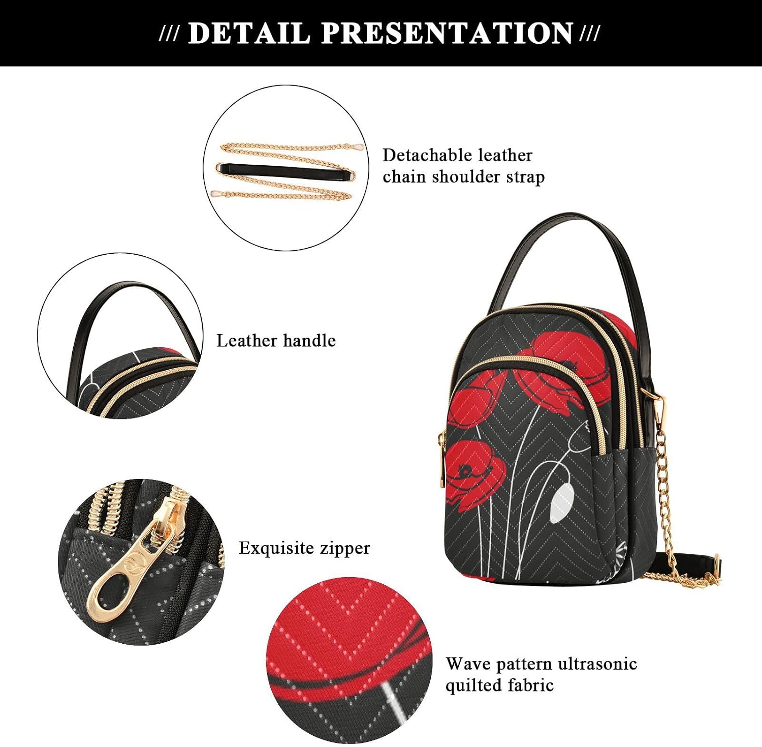 Detalle 2 de Mnsruu Crossbody Bag for Women – Red Poppy on Black, Compact Yet Practical