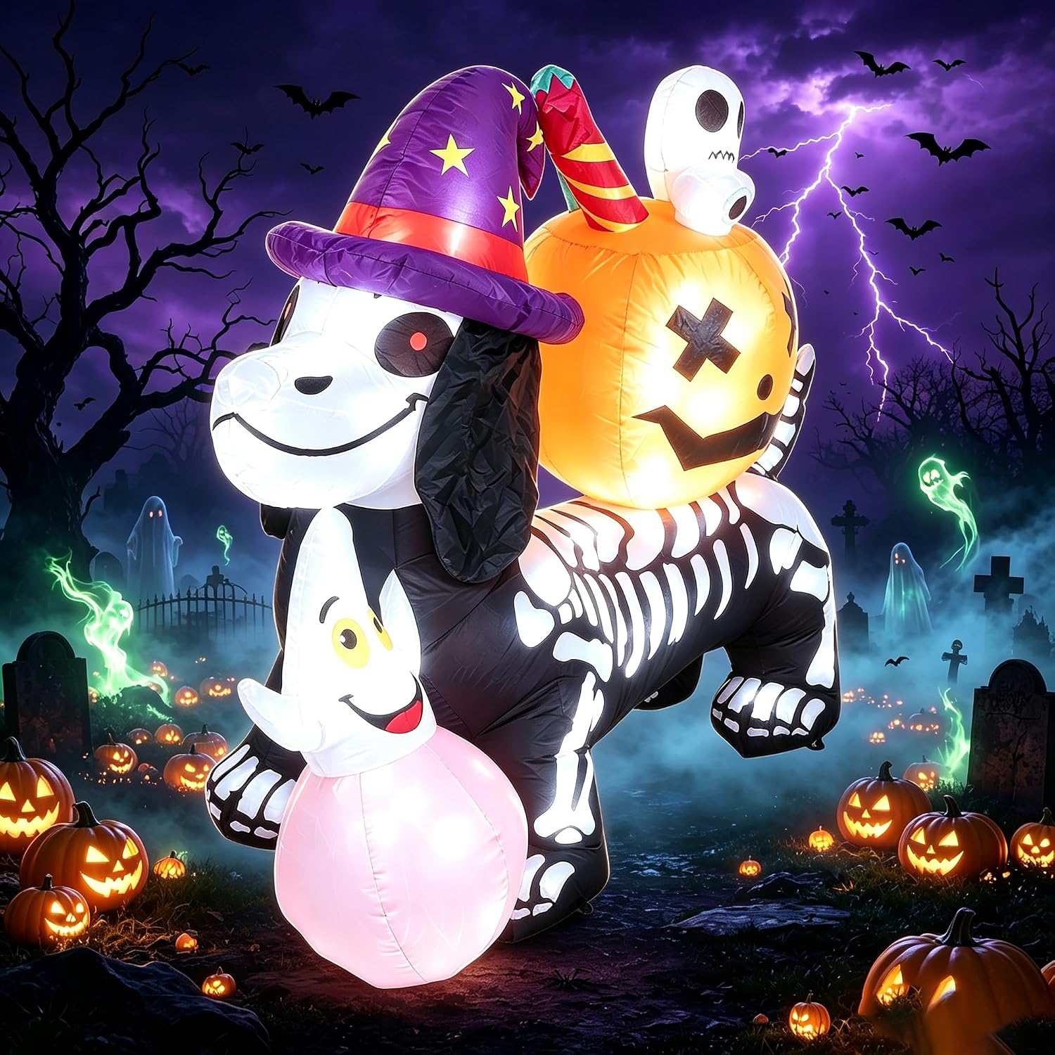 Detalle de Mrerthos 5FT Inflatable Skeleton Dachshund with Pumpkin, Light-Up Halloween Decor