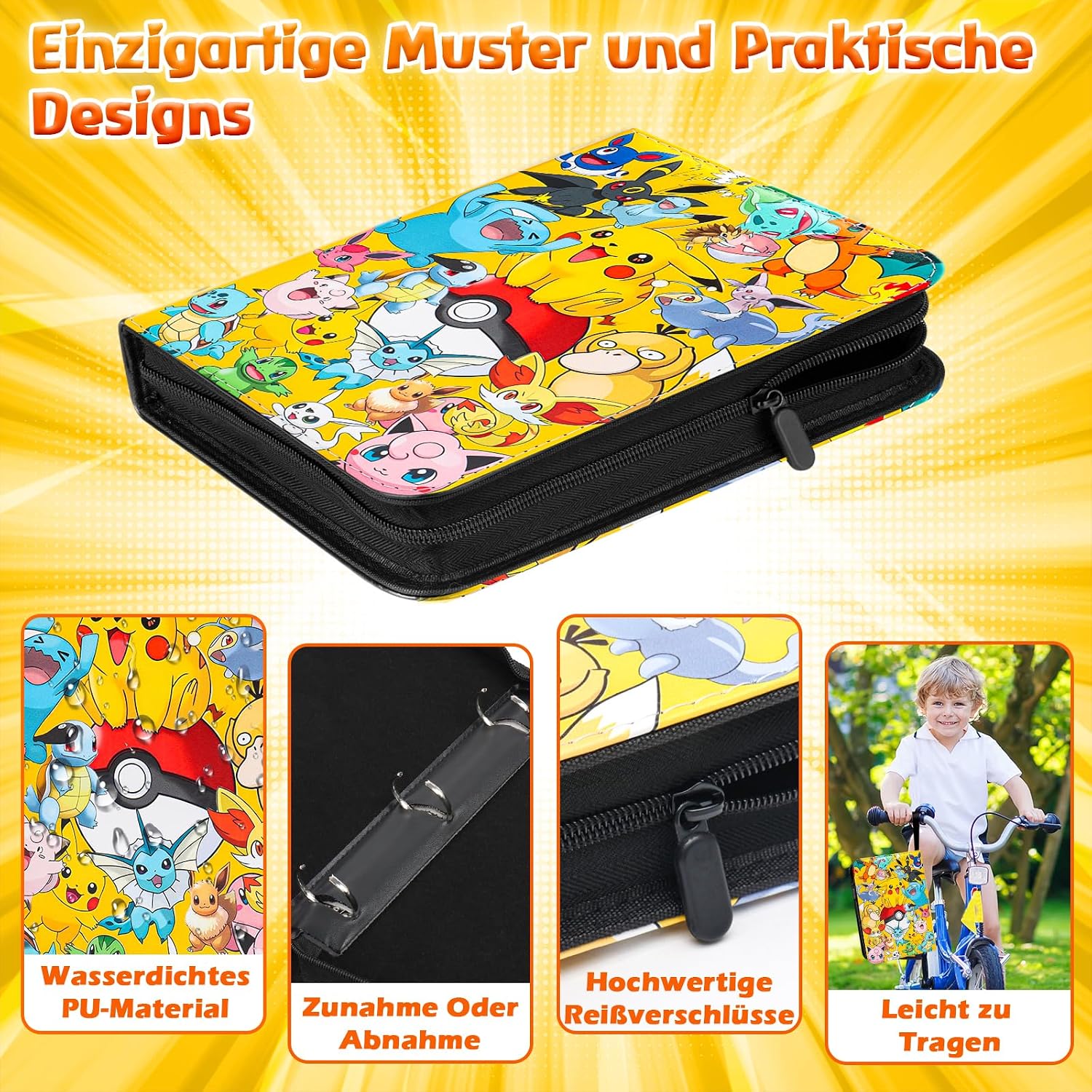 Thumbnail 1 de Sammelalbum für Pokémon Karten (PK400) – 50 Seiten, Platz für 400 Karten, wasserdichtes PU mit Reißverschluss