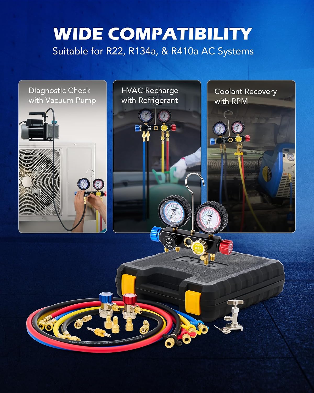 Thumbnail 3 de Orion Motor Tech 4-Way AC Gauge Set for R410a, R22 & R134a with 5 ft Hoses, Adapters & Can Tap