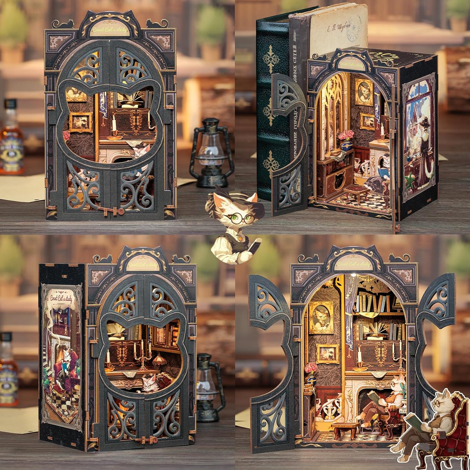 Detalle de CUTEBEE Count Cat’s Study Book Nook Kit mit LED – DIY Puppenhaus Bausatz als Bücherregal-Deko