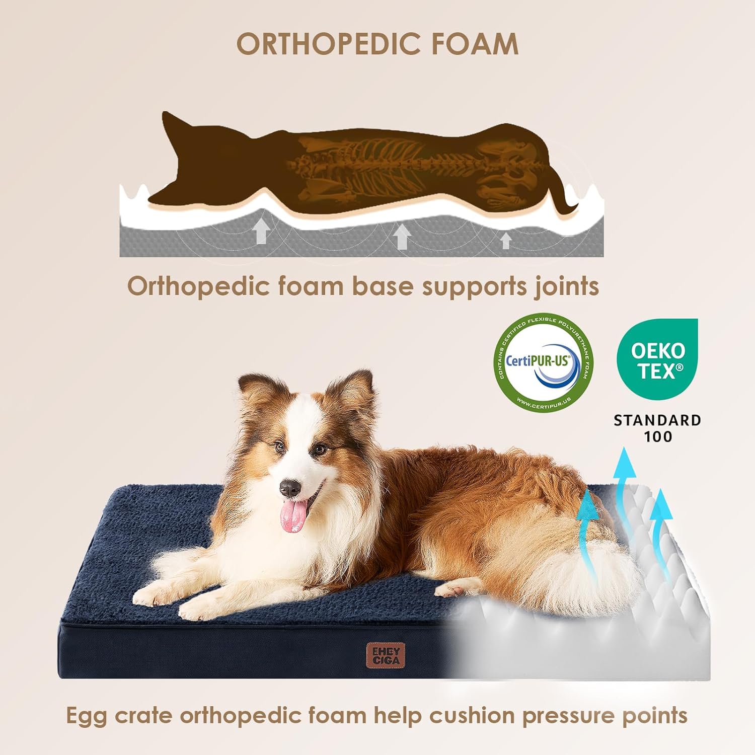 Thumbnail 1 de EHEYCIGA Panier pour chien orthopédique avec coussin déhoussable 89x58x9 cm – bleu marine