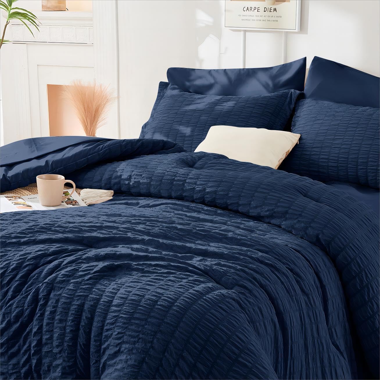 Detalle 2 de HYMOKEGE Navy Blue Twin Seersucker Duvet Cover Set (2-Piece) with Zipper Closure and 8 Corner Ties
