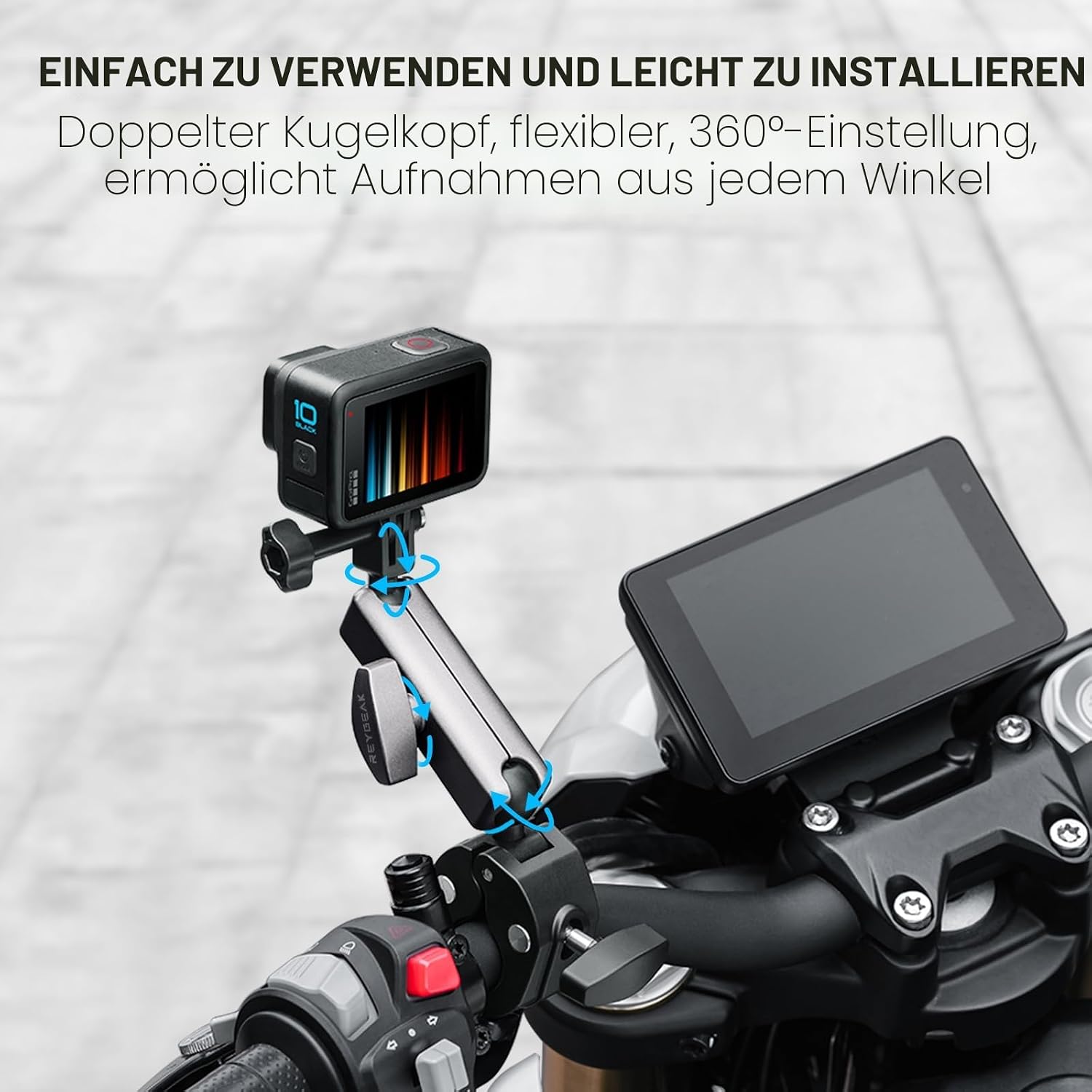 Detalle de REYGEAK Kamerahalterung: 360°-Dual-Kugelkopf, 1/4-Zoll-Schrauben, Fahrradlenkerhalterung mit Doppelklaue für GoPro Max/Hero 13–9