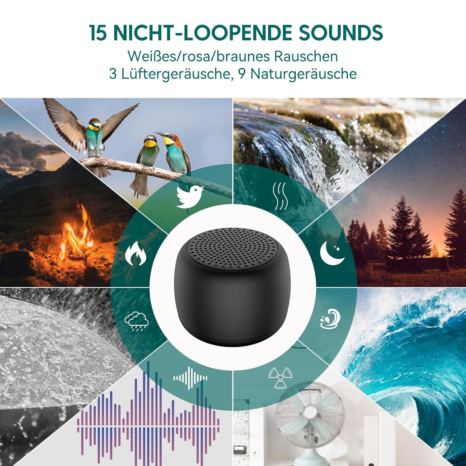 Detalle de Babelio Babelio Mini-Soundmaschine (weiß) – weiße Rauschmaschine mit Timer, 15 Sounds ohne Schleife, tragbar & wiederaufladbar (schwarz)