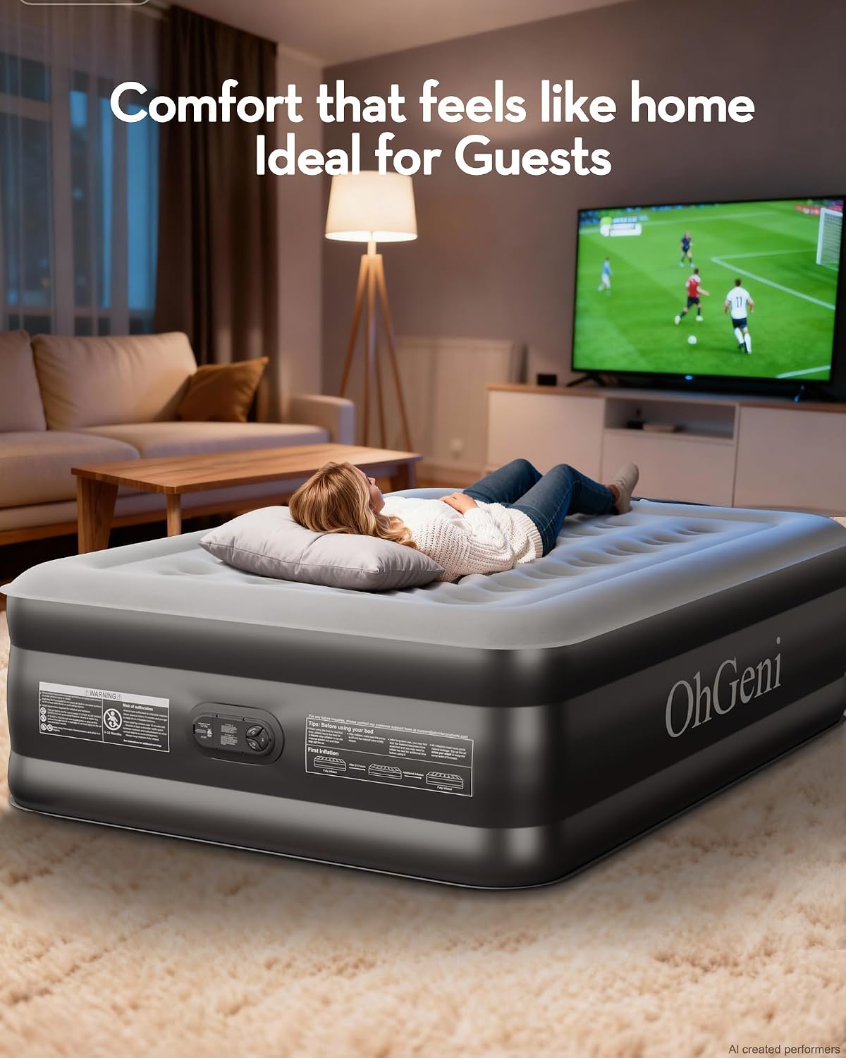Detalle de OhGeni 20-Inch Full Air Mattress with Built-In Pump, Flocked Top, 600-lb Capacity