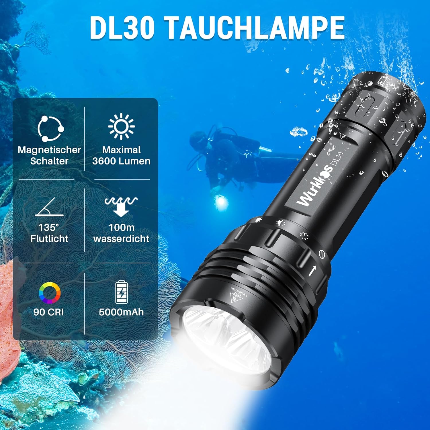 Detalle de Wurkkos lampe de plongée rechargeable 3600 lumens, LED 90 CRI, étanche IPX8 avec chargeur