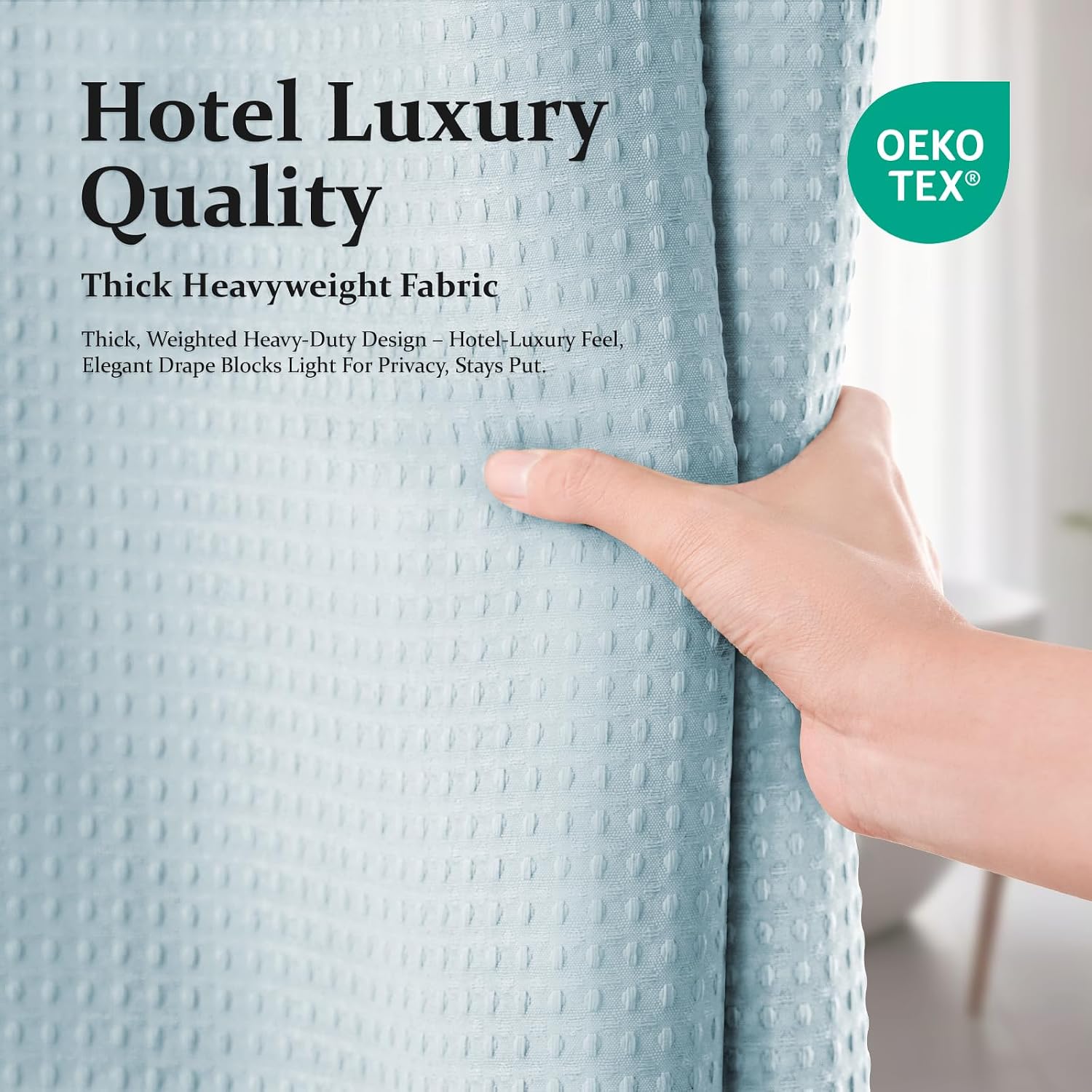 Detalle 1 de Dynamene Fog Blue Waffle-Weave Fabric Shower Curtain, 256 GSM, Weighted Hem