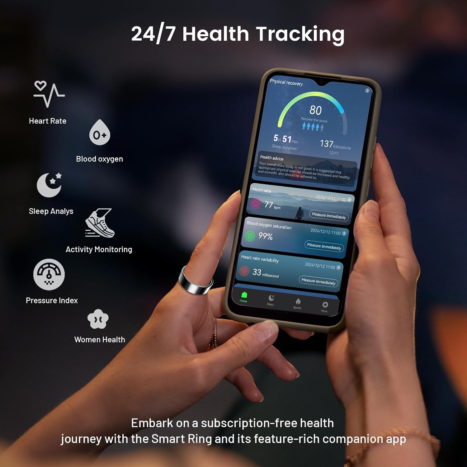 Detalle de Mirlray Smart Ring for Women & Men – Health Tracker with Heart Rate, SpO2, Sleep, and 5-Day Battery (Rose Gold, Size 7)