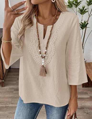 Thumbnail 6 de Rapbin Women's Tops 3/4 Sleeve Cotton Linen V-Neck Boho Lace Blouse