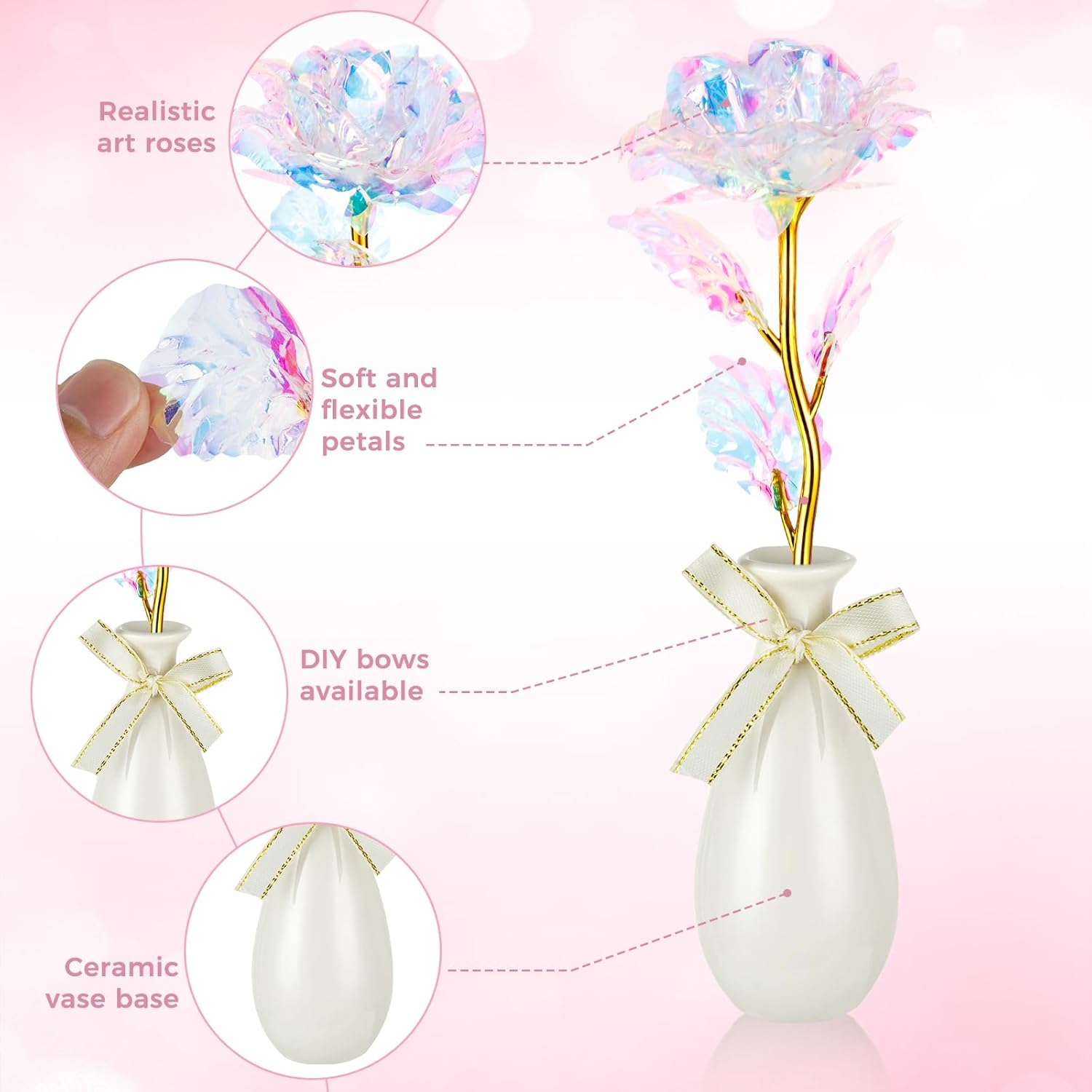 Thumbnail 3 de Ruibinlee Rose Éternelle Galaxy Or avec Vase – Cadeau pour la Fête des Mères et les occasions spéciales