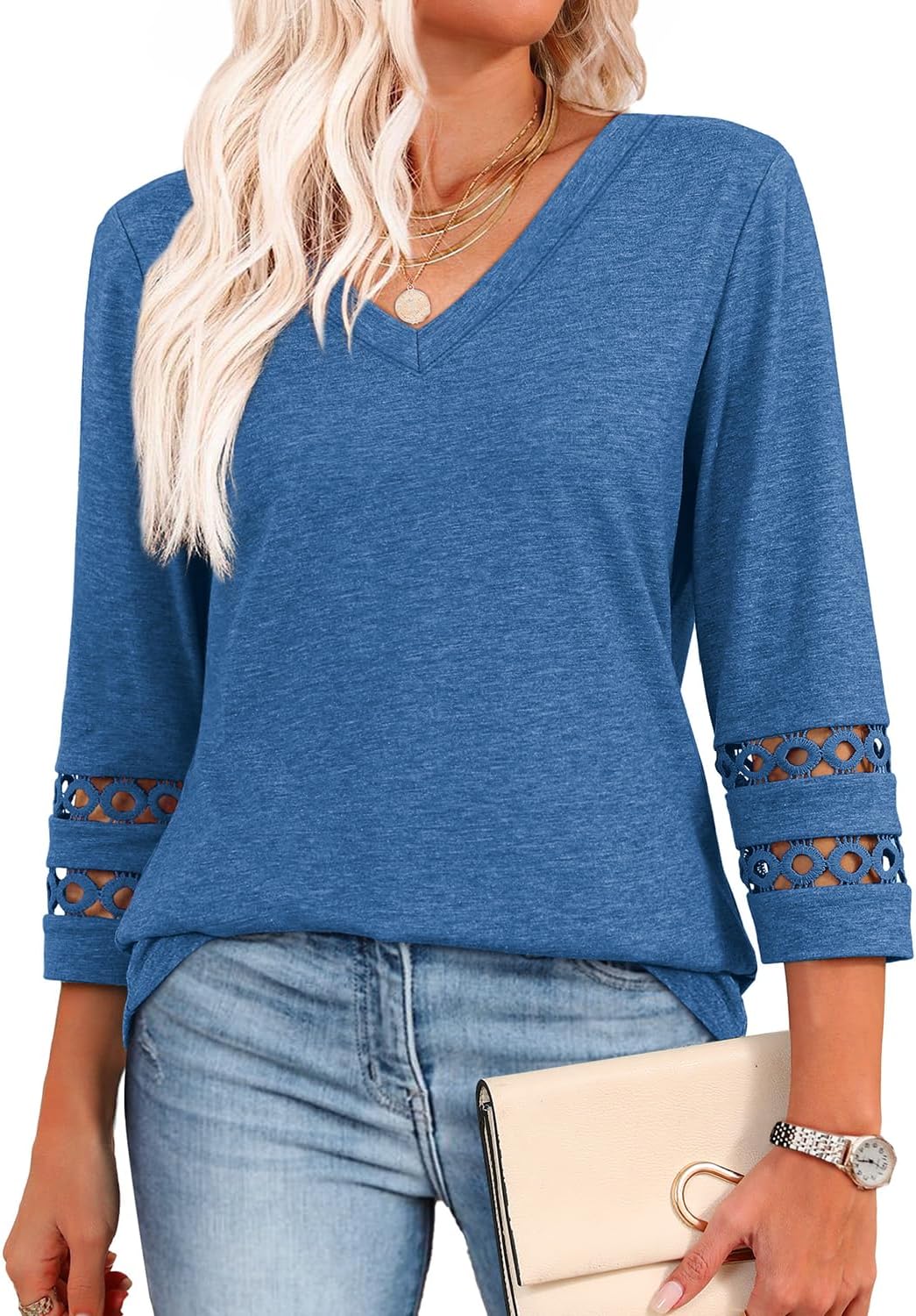 Detalle de XIEERDUO Summer Tops: V Neck 3/4 Sleeve Blouse for Women in Loose Fit