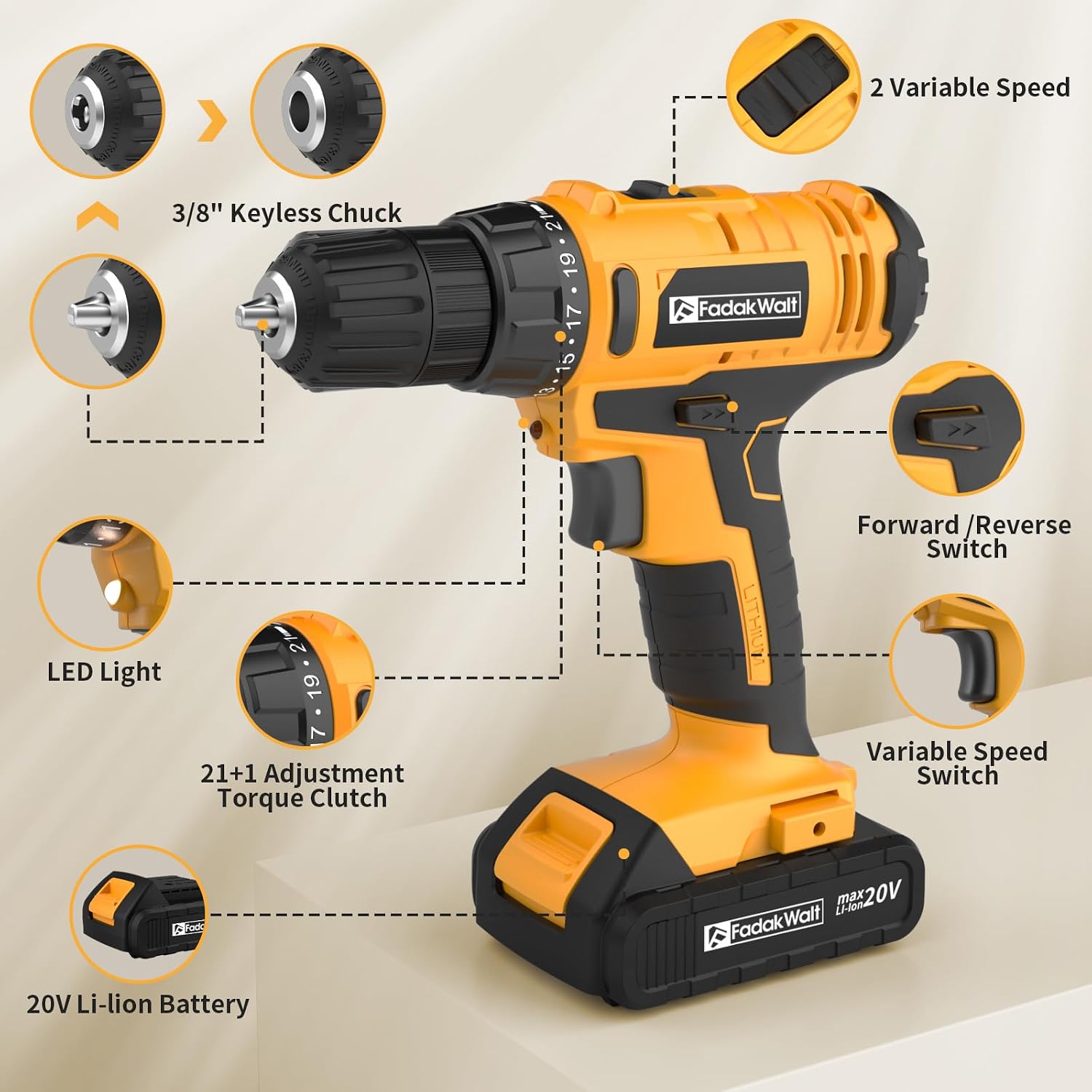 Detalle de FADAKWALT 20V Cordless Drill 30Nm