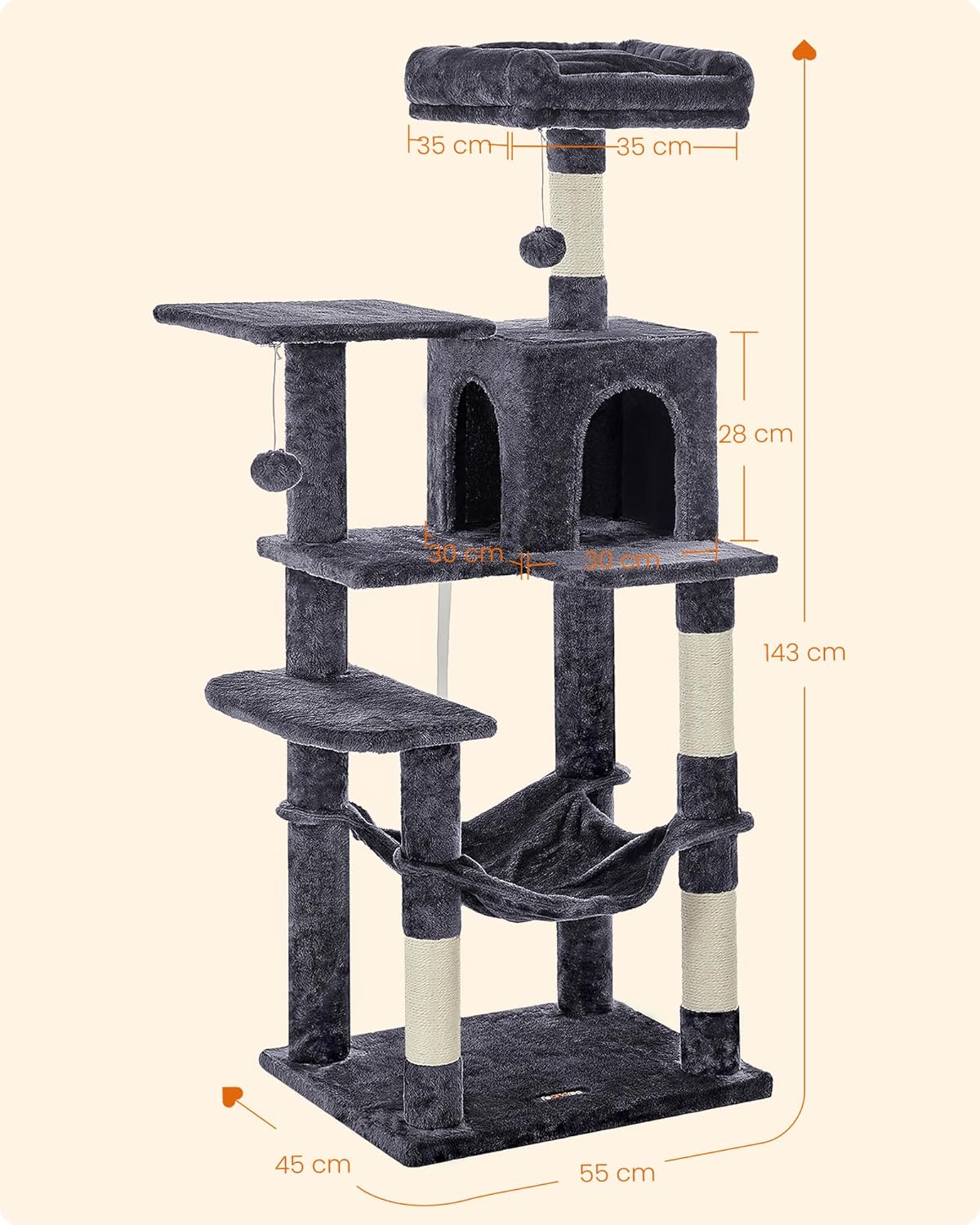 Thumbnail 6 de Feandrea Árbol para Gatos PCT161G01 de 143 cm con 4 postes rascadores, 2 plataformas y cueva