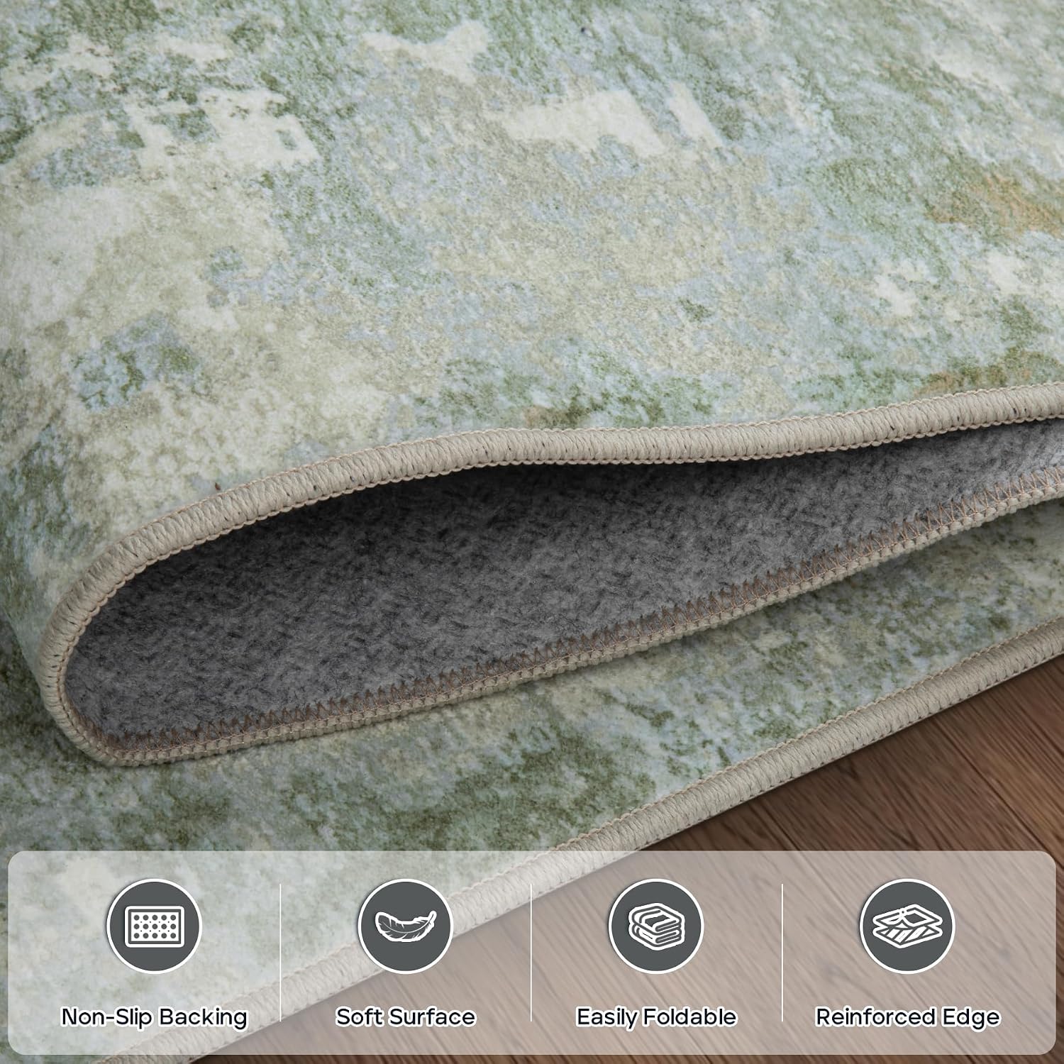 Detalle 2 de Aelenmu 5' x 7' Green Area Rug, Washable Low-Pile Polyester with Non-Slip Backing