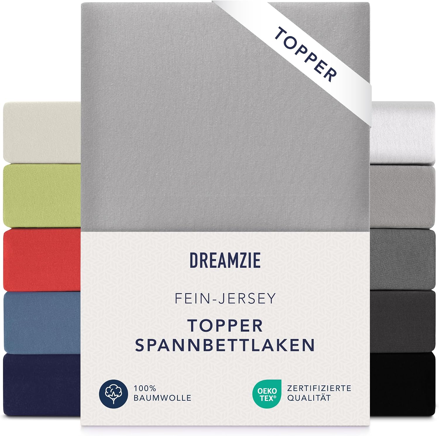 Detalle de Dreamzie Premium Topper Spannbettlaken (Jersey Baumwolle, 18 cm Steg) in Grau – für Topper 180x200 bis 200x200 cm