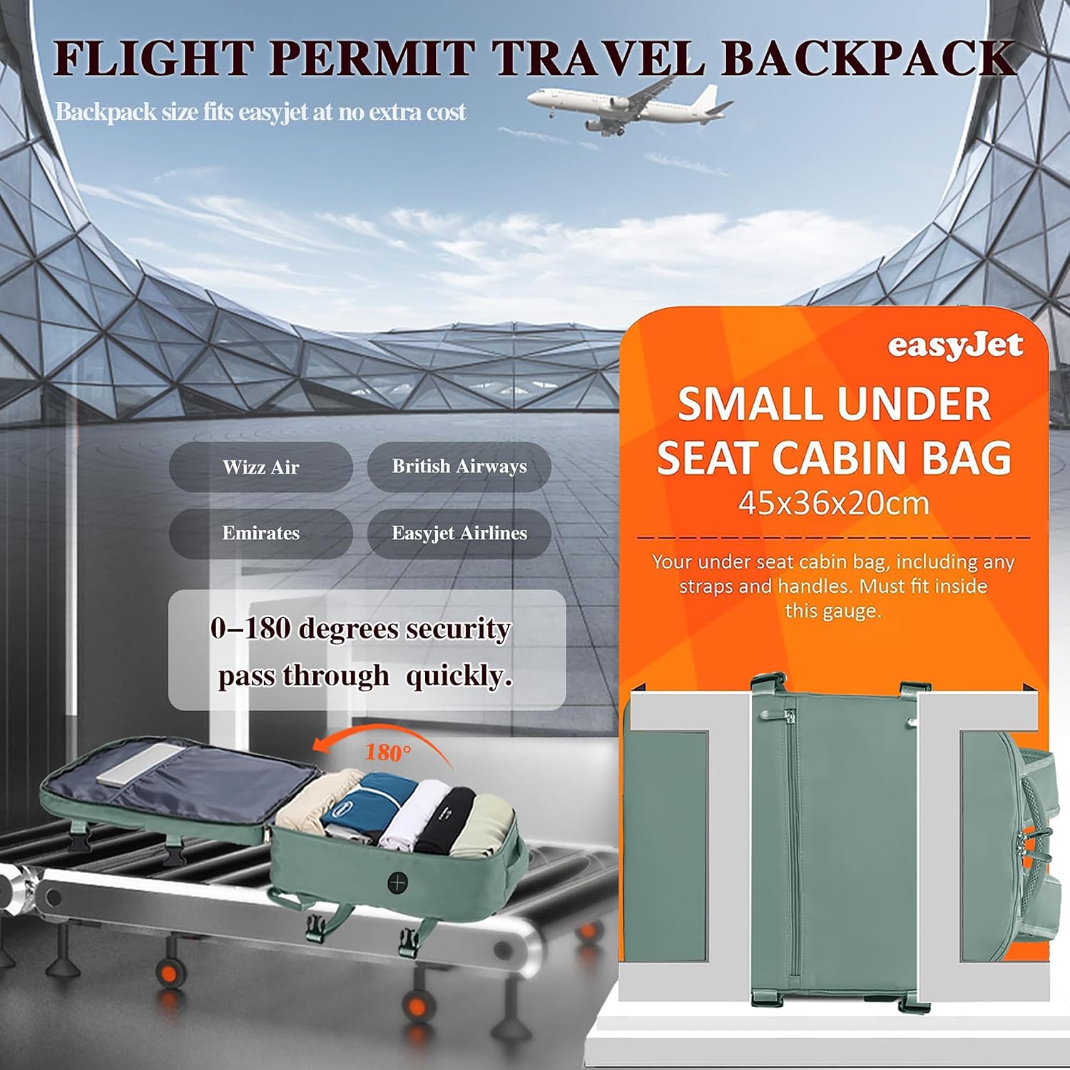 Detalle de Easyjet Cabin Bag 45x36x20 Underseat Cabin Backpack with USB Port and Anti-Theft Pocket