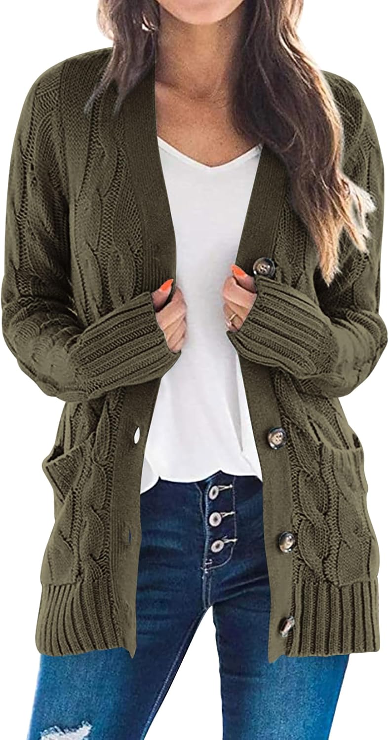 Detalle de PRETTYGARDEN Women's Cable-Knit Cardigan with Buttons, Pockets and Long Sleeves