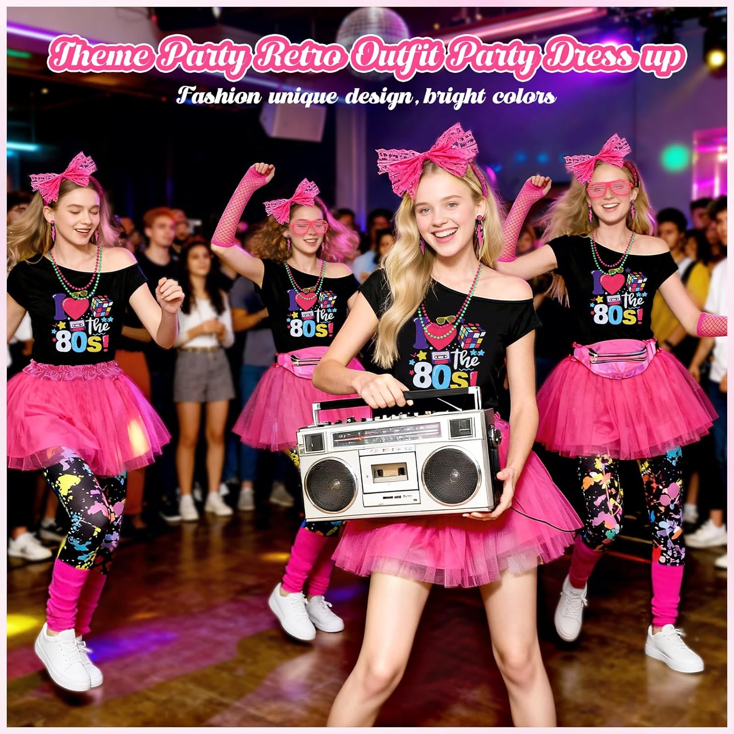 Thumbnail 4 de HuiJuKeJi 80er Jahre Outfit Damen Set mit Neon-Accessoires (24-teilig)