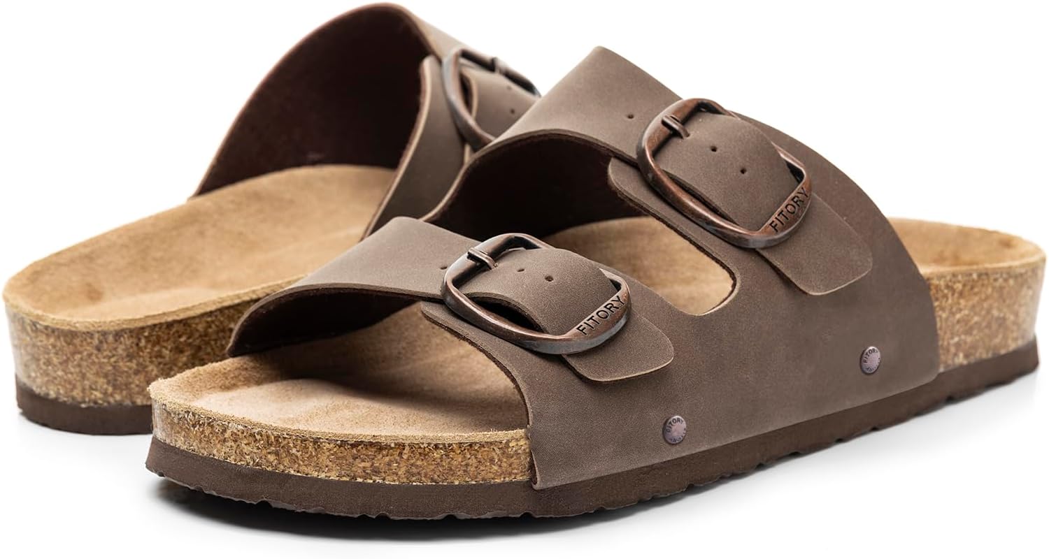 Detalle de FITORY Womens Flat Sandals with Cork Footbed, Open-Toe Slide Sandals (Adjustable, Slip-On)
