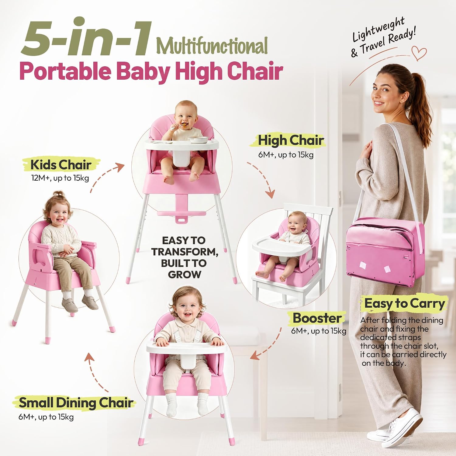 Detalle de BABHAMNESS 5-in-1 Foldable Baby High Chair with 5-Point Harness, Pink