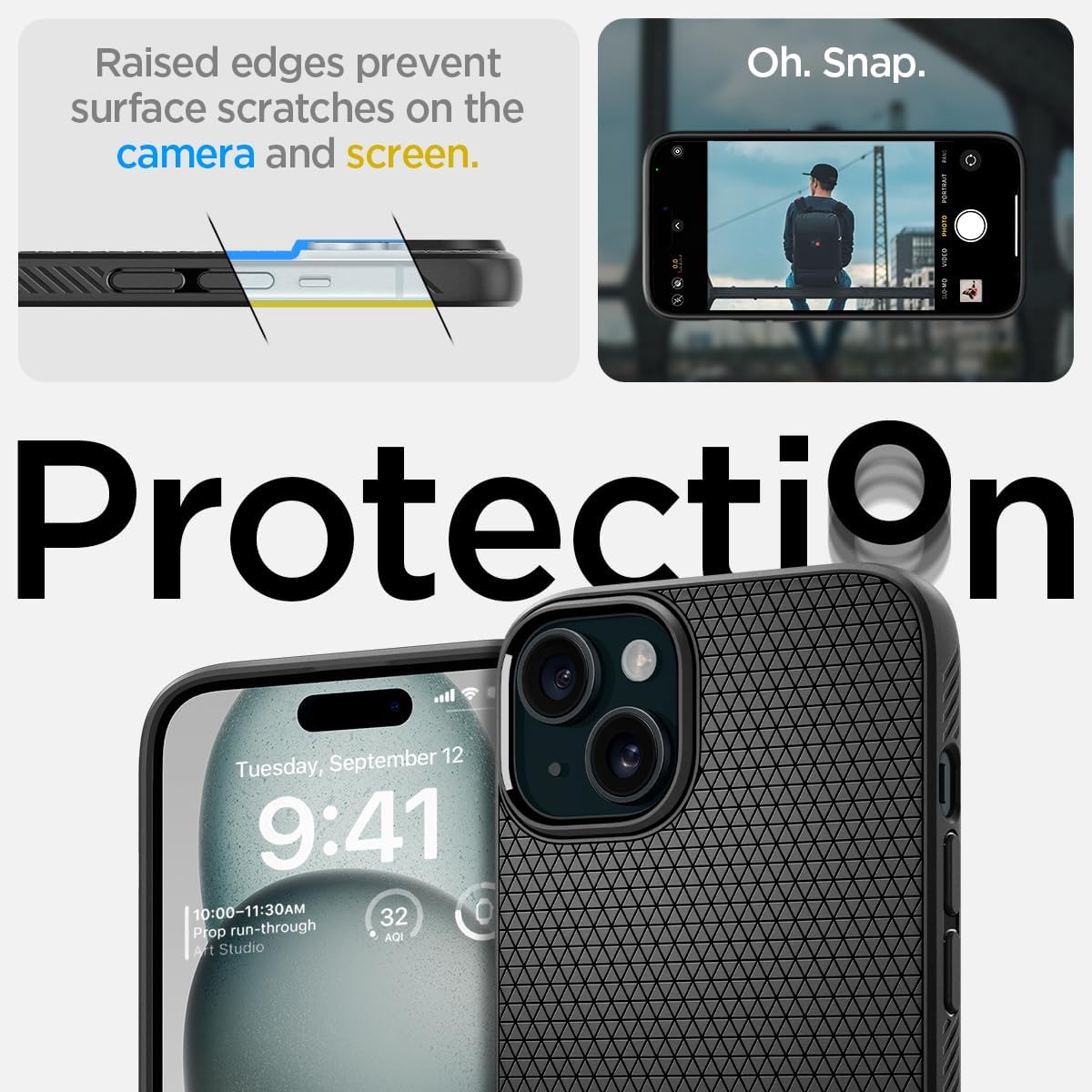 Detalle de Spigen Liquid Air pour iPhone 15 : coque TPU antidérapante noire mate