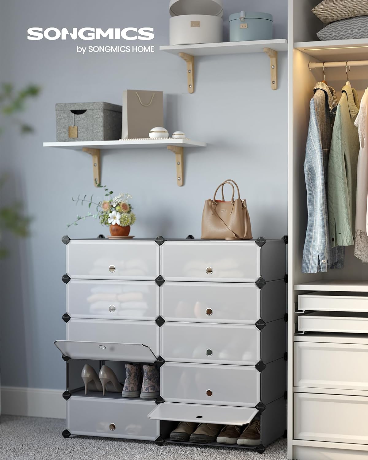Detalle de SONGMICS Scarpiera 10 Scomparti LPC010G01 – Scaffale porta scarpe modulare in plastica grigio