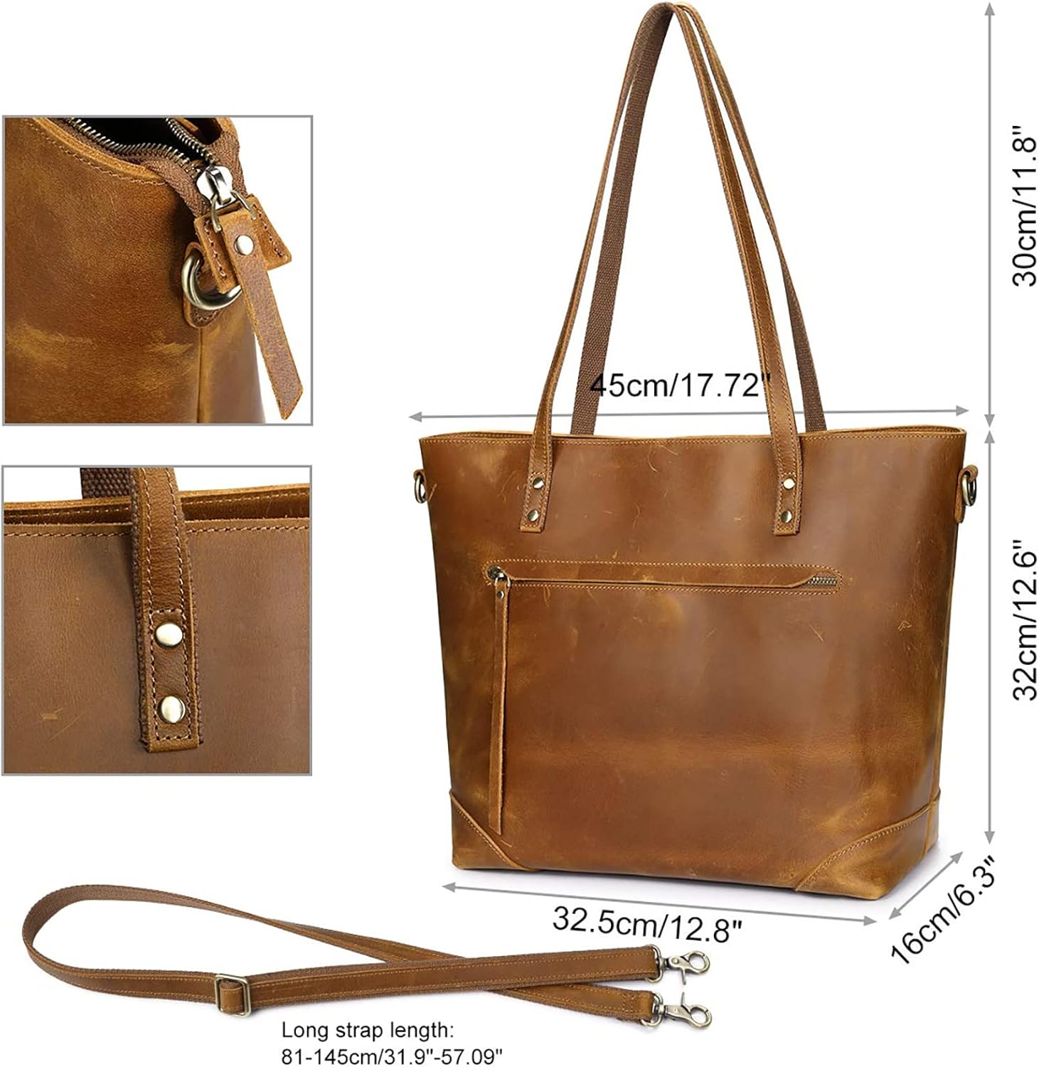Detalle de S-ZONE Sac fourre-tout vintage 3 façons en cuir Crazy Horse – Main et bandoulière, femme