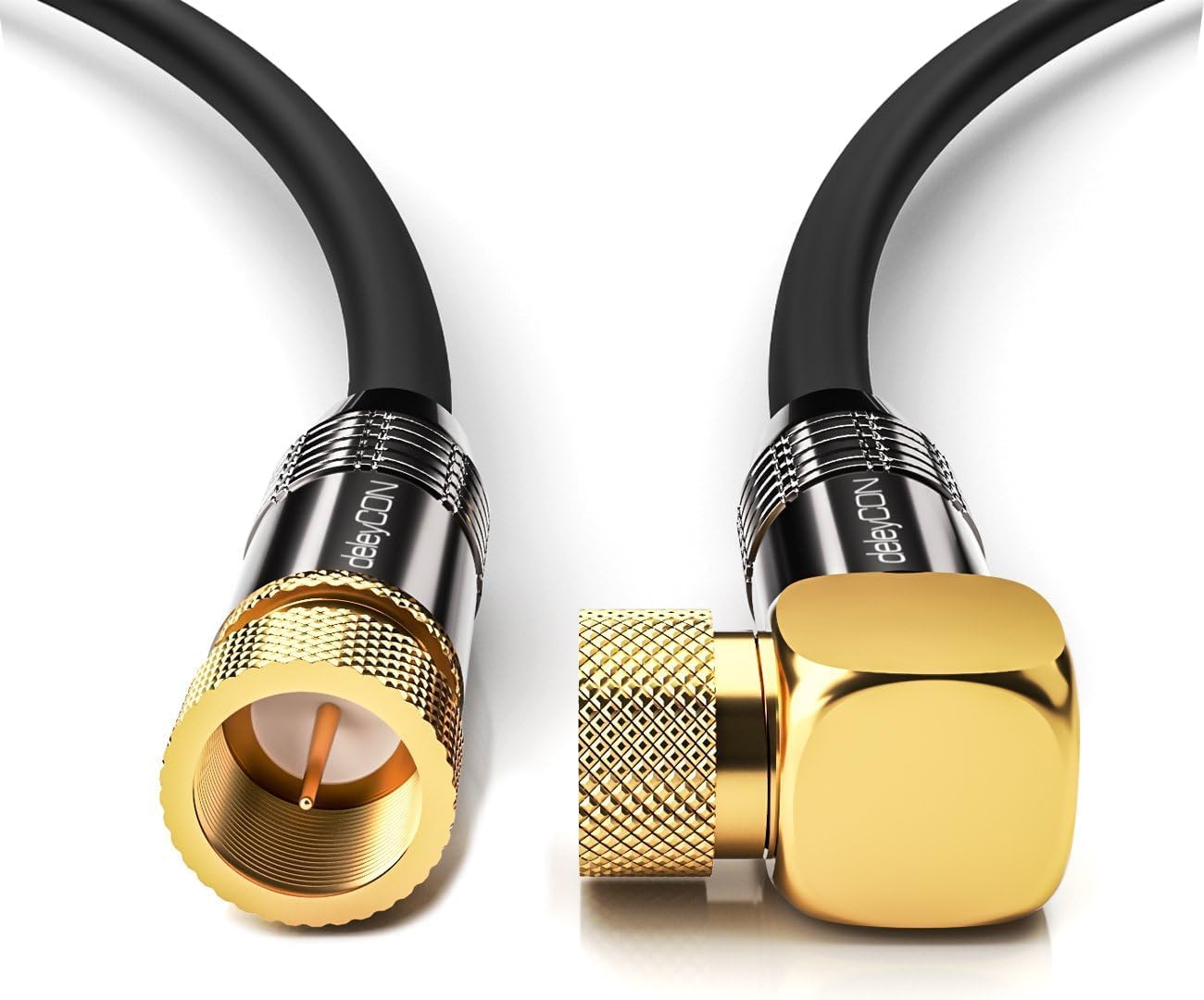 Detalle de DELEYCON 1,5 m SAT Antennenkabel Koaxialkabel F-Stecker 90° gewinkelt zu F-Stecker Gerade – HDTV/Full HD/4K, Schwarz