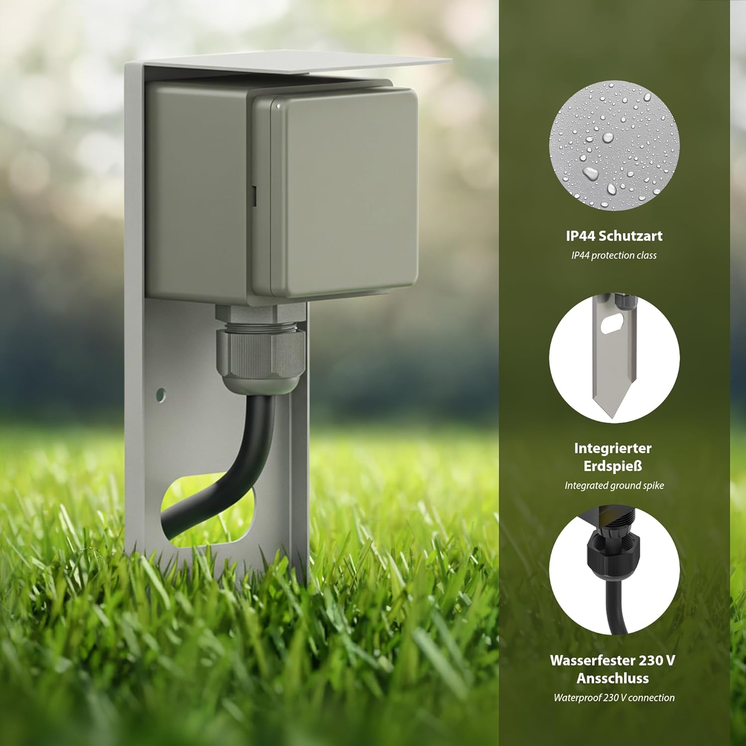 Thumbnail 4 de PIWI Garten Steckdosensäule mit Erdspieß – 1-fach, IP44, Edelstahl, eckig, 24 cm