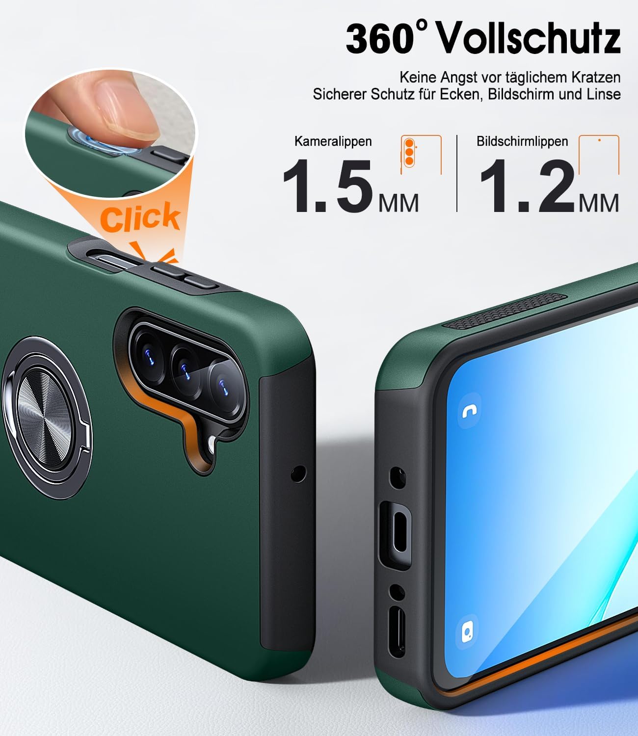 Thumbnail 5 de AOUIA Hülle für Samsung Galaxy A17 5G mit 2x Panzerglas, 360° Ring-Ständer, Militärschutz – Dunkelgrün