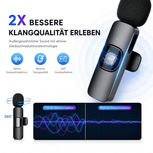 Detalle de Qhot Kabelloses Lavalier Mikrofon für iPhone & Android – DSP-Rauschunterdrückung, 2,4-GHz, USB-C & Lightning