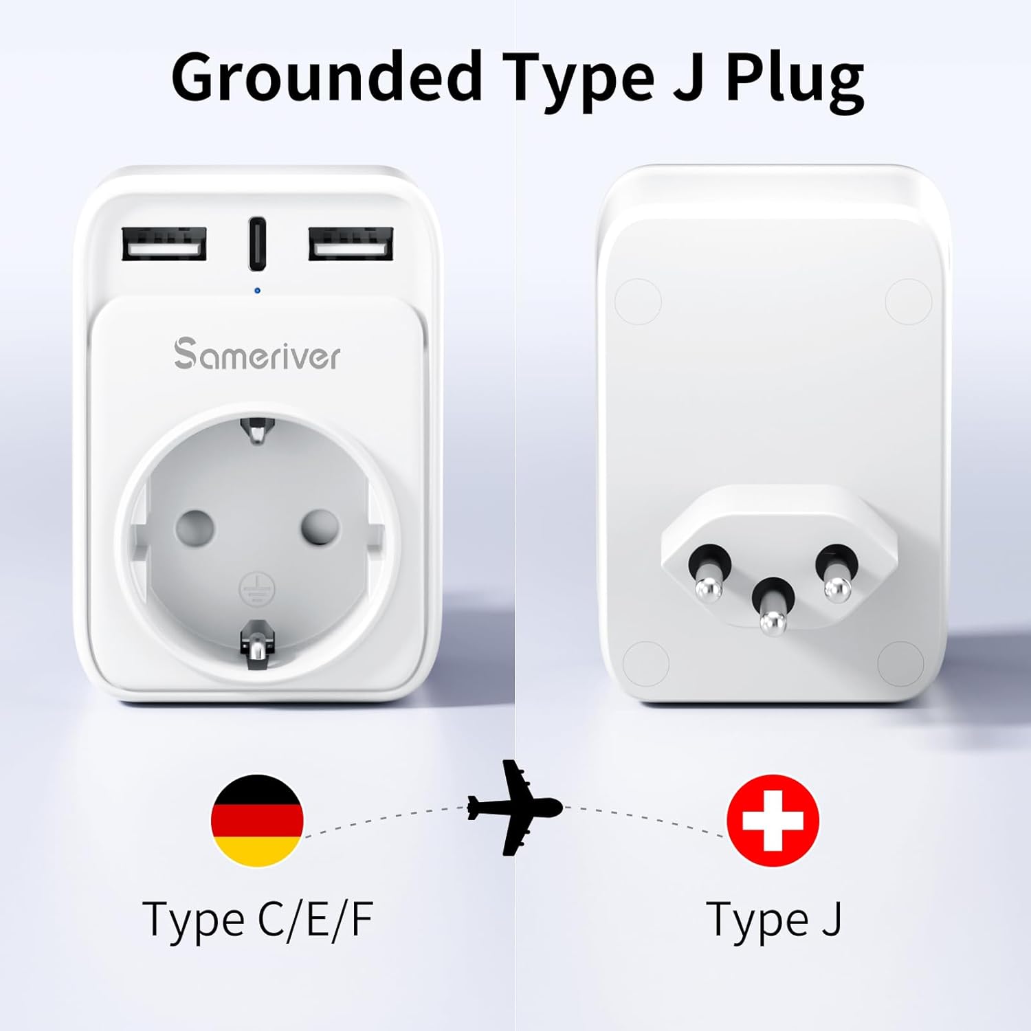 Thumbnail 2 de Reiseadapter Schweiz auf Deutschland (Typ J) mit 2 USB & USB-C, 13A 1650W