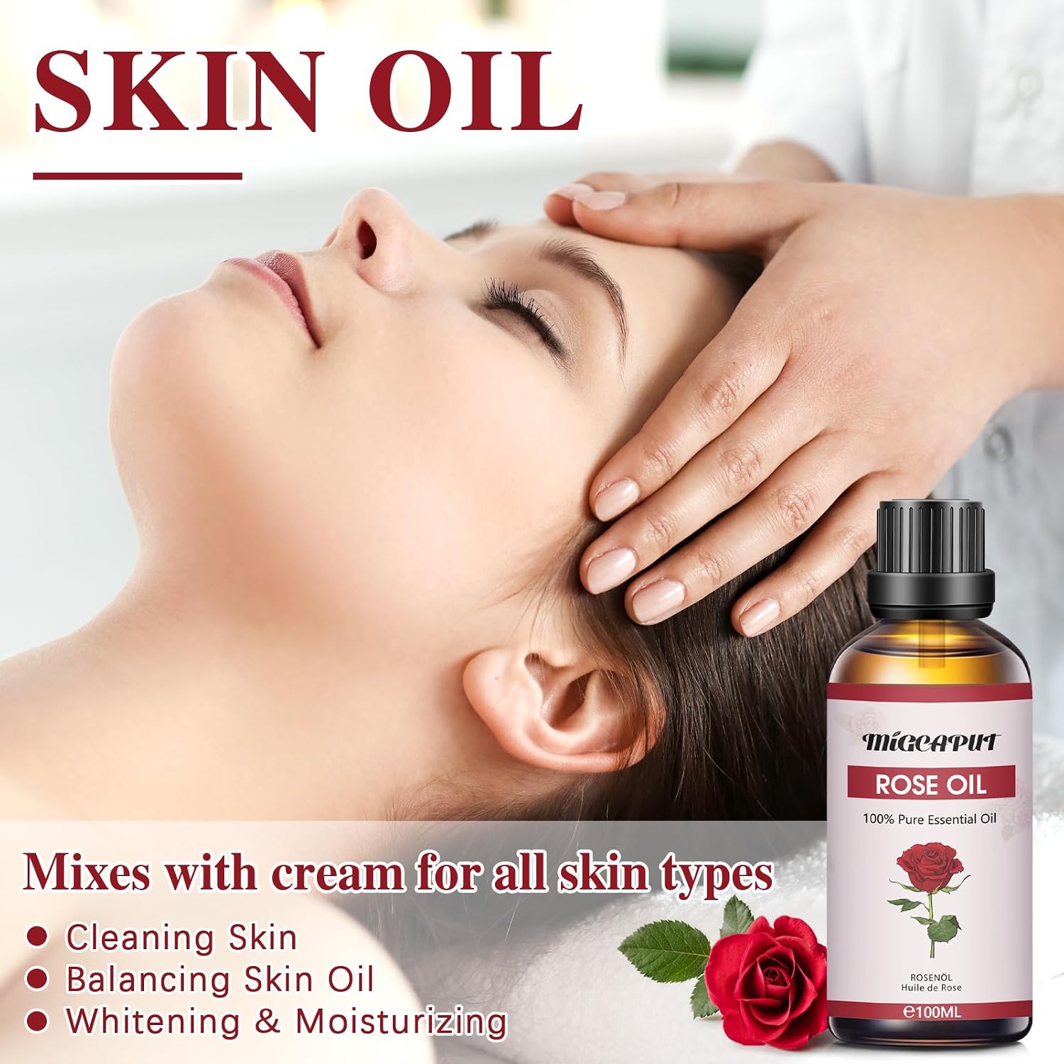 Detalle de Migcaput Rosenöl ätherisches Öl (100 ml) – 100% reines Natur-Rosenöl für Duft, Diffuser & Hautpflege