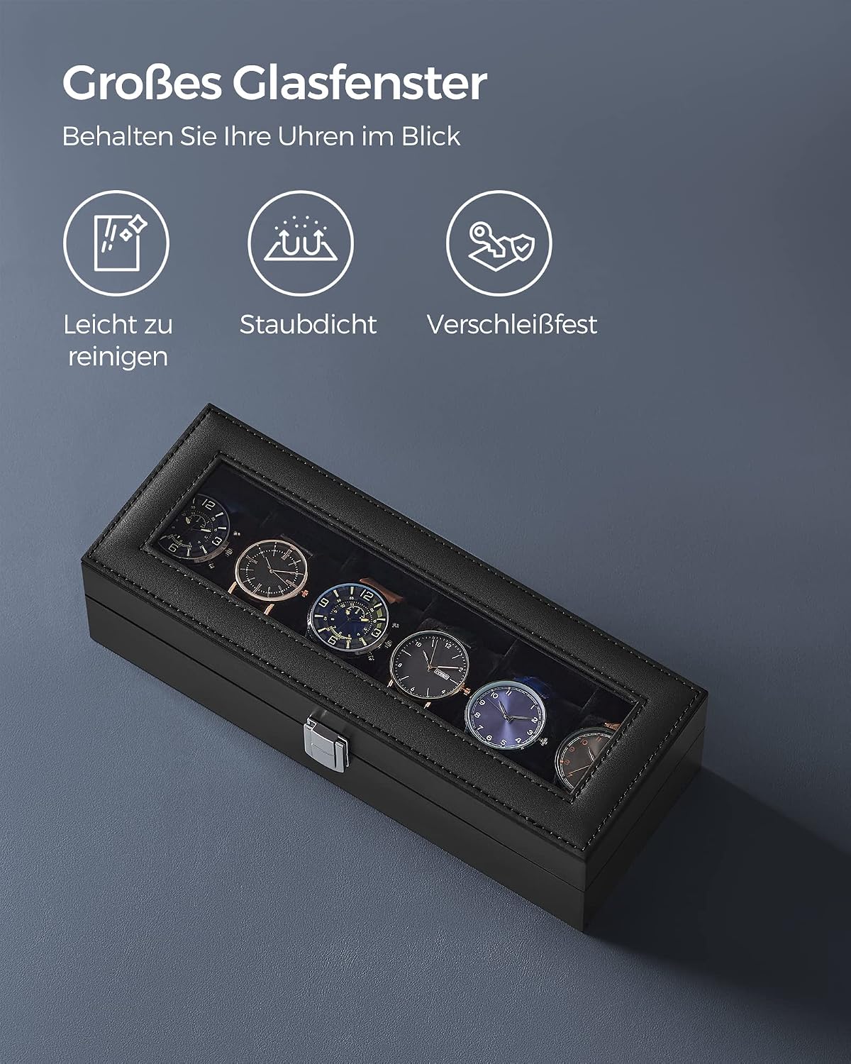 Detalle de SONGMICS Uhrenbox mit 6 Fächern und Glasdeckel – Sichtbarer Schmuck für Ihre Uhrensammlung