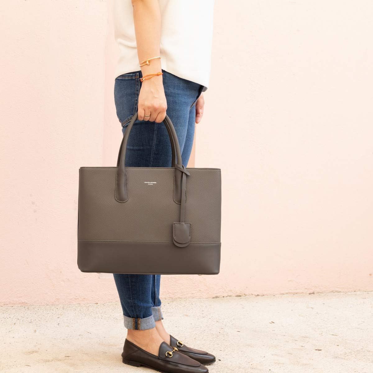 Detalle de David Jones Grand sac à main pour femme marron taupe – grand cabas 2 compartiments PU style cuir