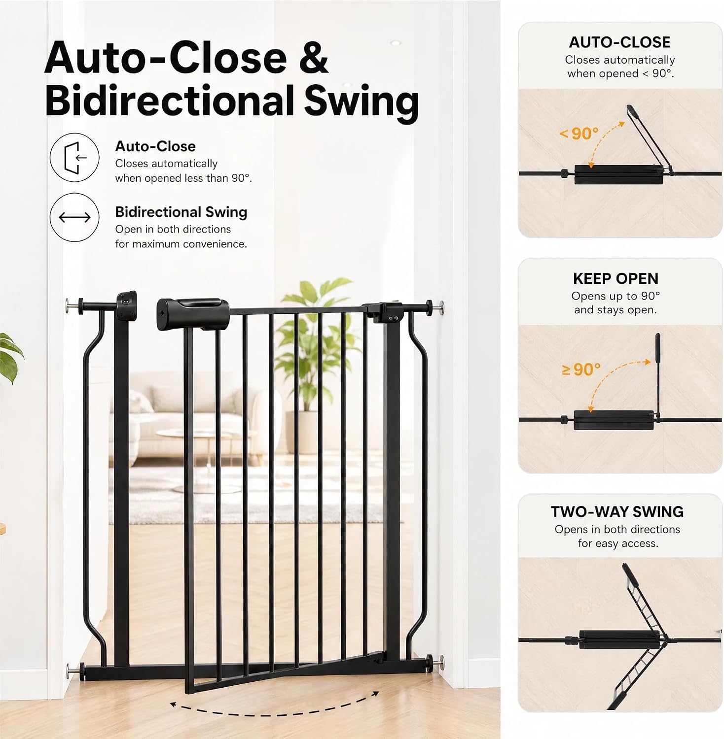 Thumbnail 6 de TSAYAWA Black Extra-Wide Walk-Through Baby Gate, 71.65–85.82-Inch Pressure Mount