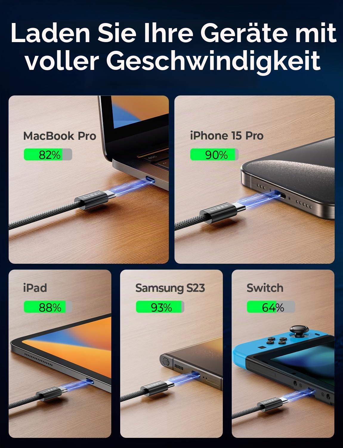 Detalle de LISEN 240W USB-C Kabel (2er Set, 3 m) – PD3.1 EPR, USB-C zu USB-C, Ladekabel für MacBook Pro M5, iPad Pro/Air und iPhone 17/16