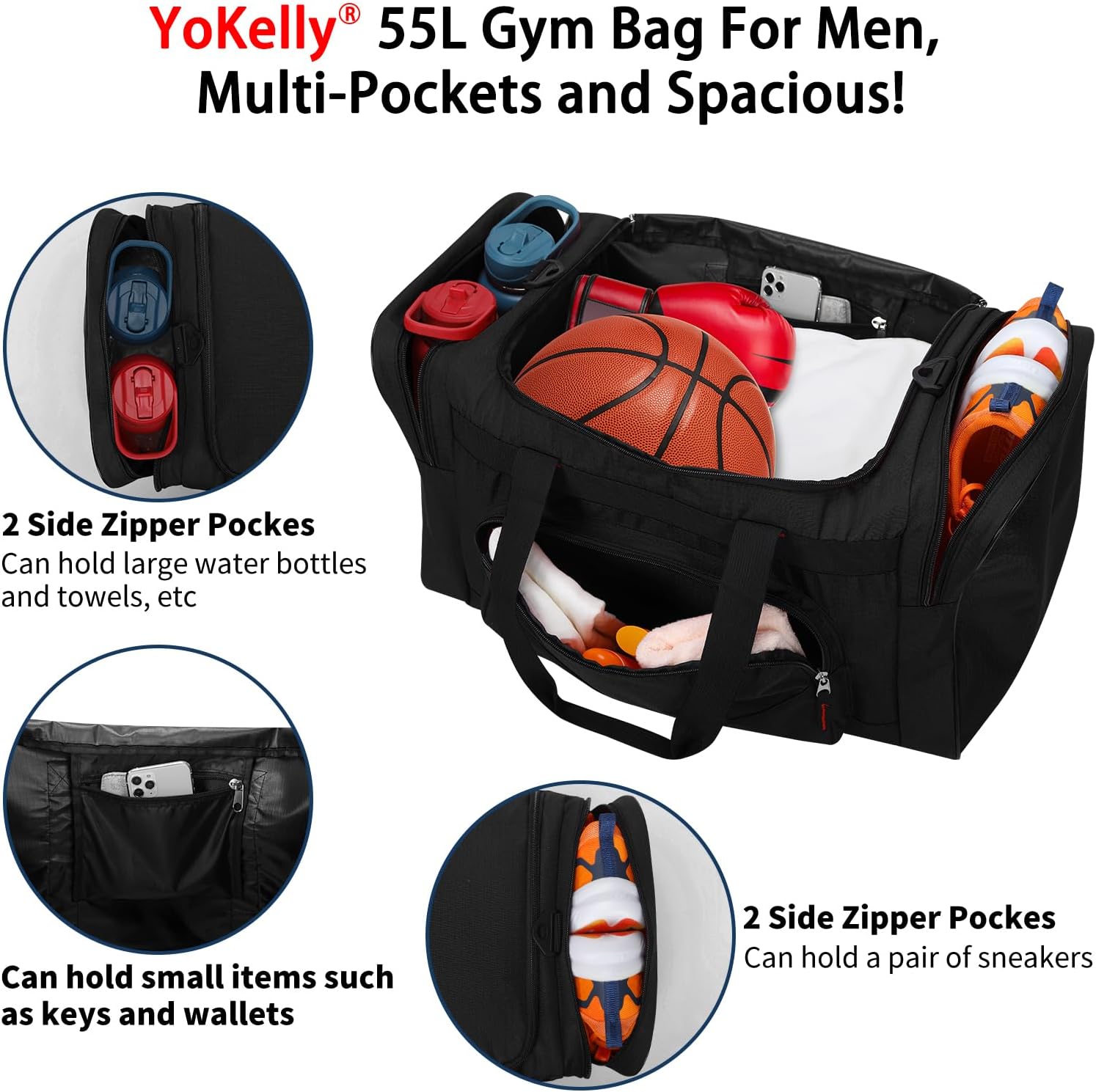 Detalle de Sport Holdall Duffle Bag 55L – 55L Gym Duffle with Shoulder Strap (Black)